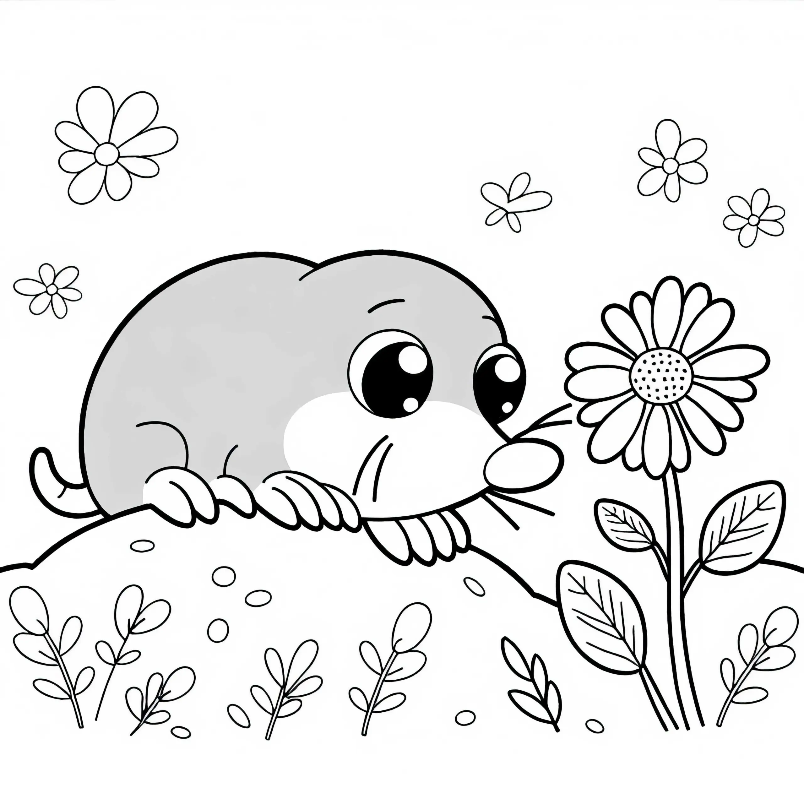 Maulwurf schnuppert an Blume: Einfaches Ausmalbild (Gratis)