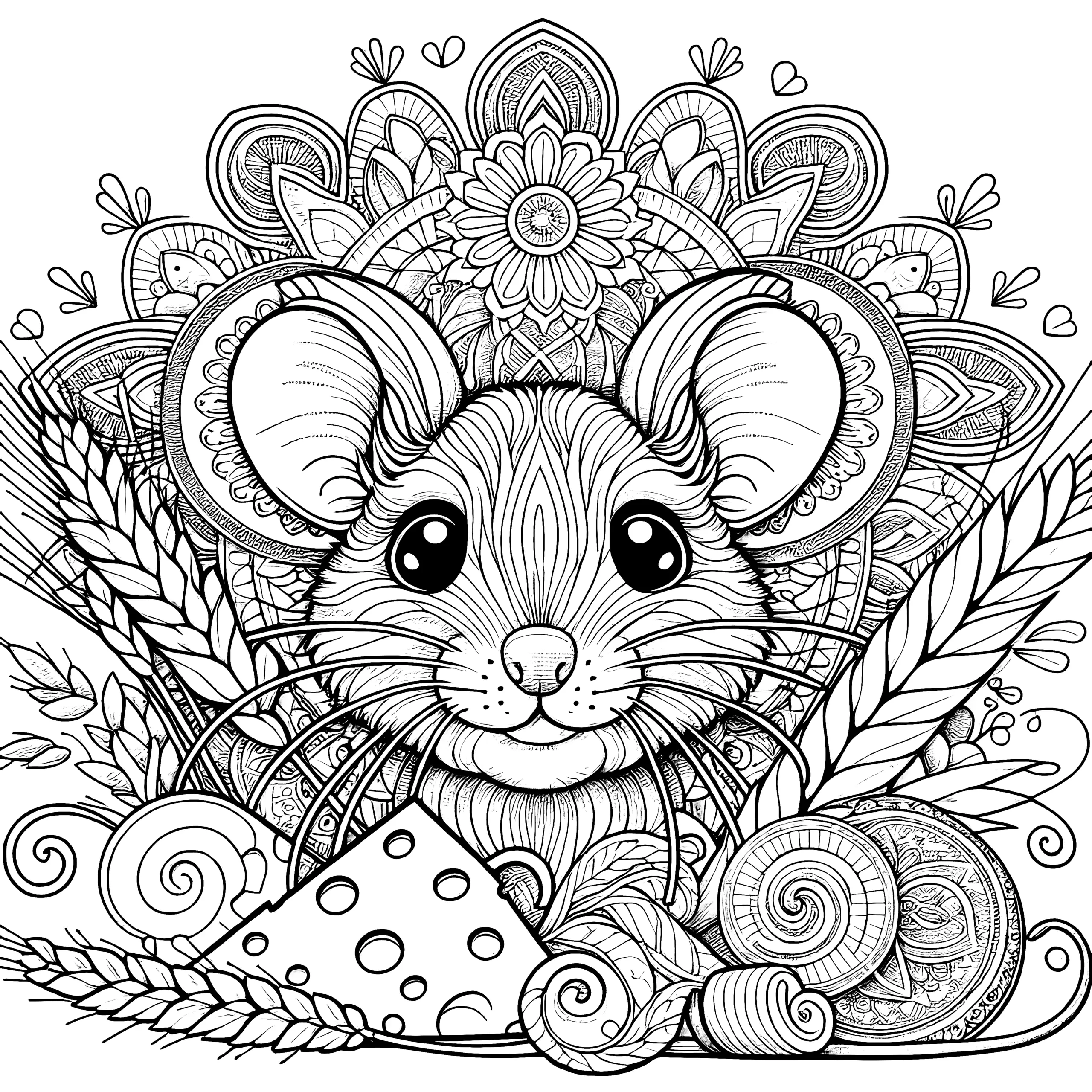 Gratis: Kreatives Mandala mit Maus, Käse und Weizenähren (Ausmalbild)