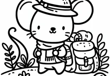 Maus mit Mütze und Tasche auf Abenteuerreise – Ausmalbild kostenlos herunterladen