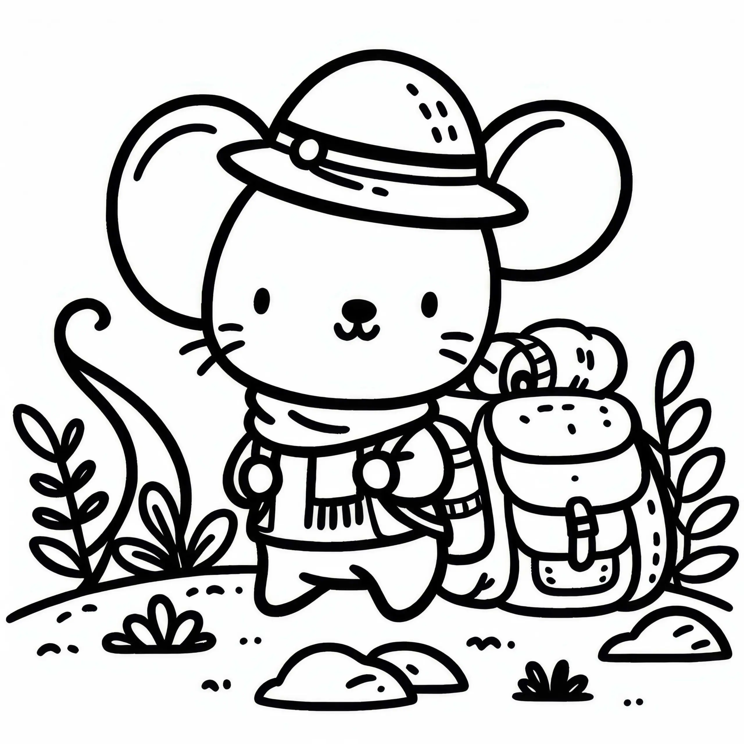 Maus mit Mütze und Tasche auf Abenteuerreise – Ausmalbild kostenlos herunterladen