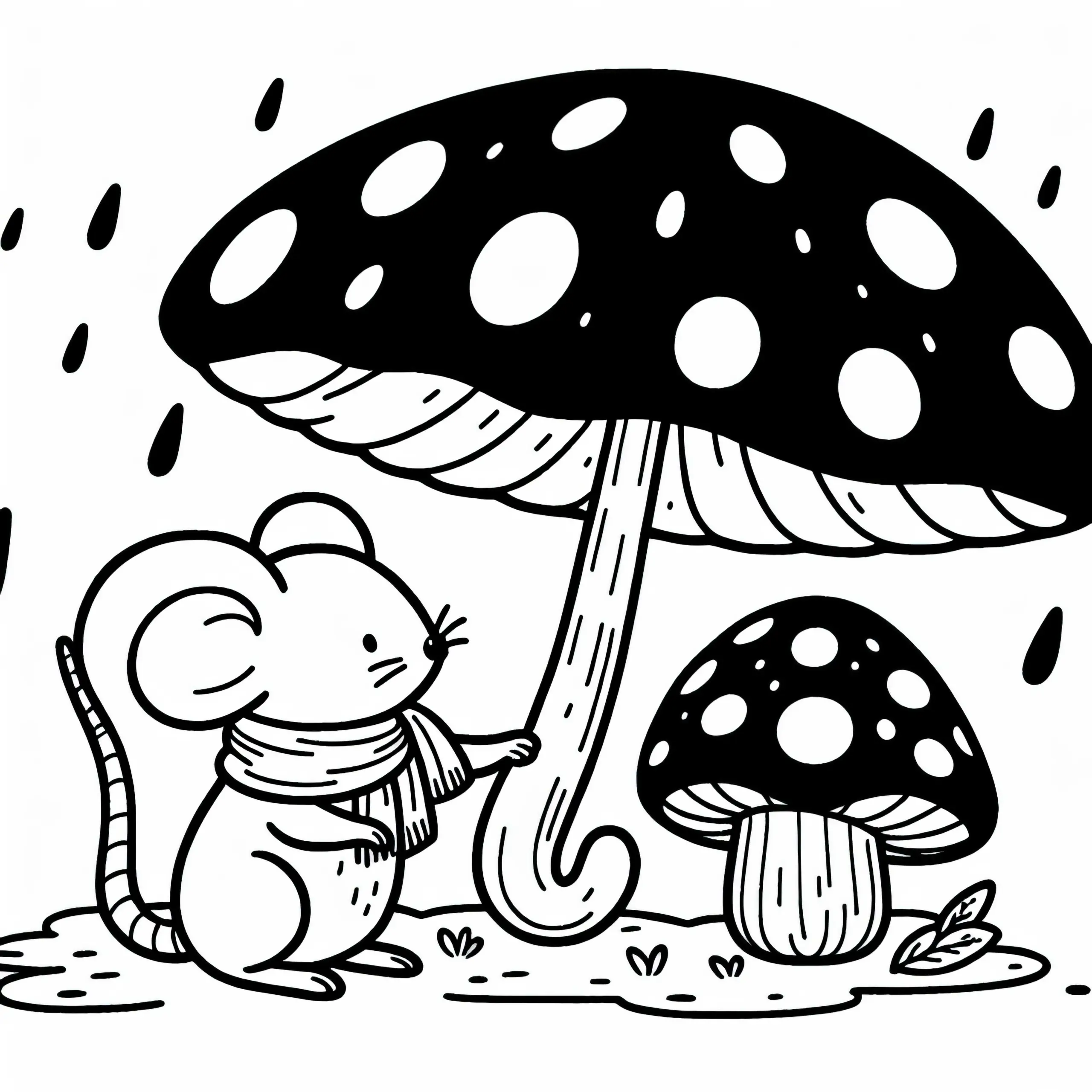Maus mit Pilzregenschirm als Malvorlage kostenlos (Ausmalbild)