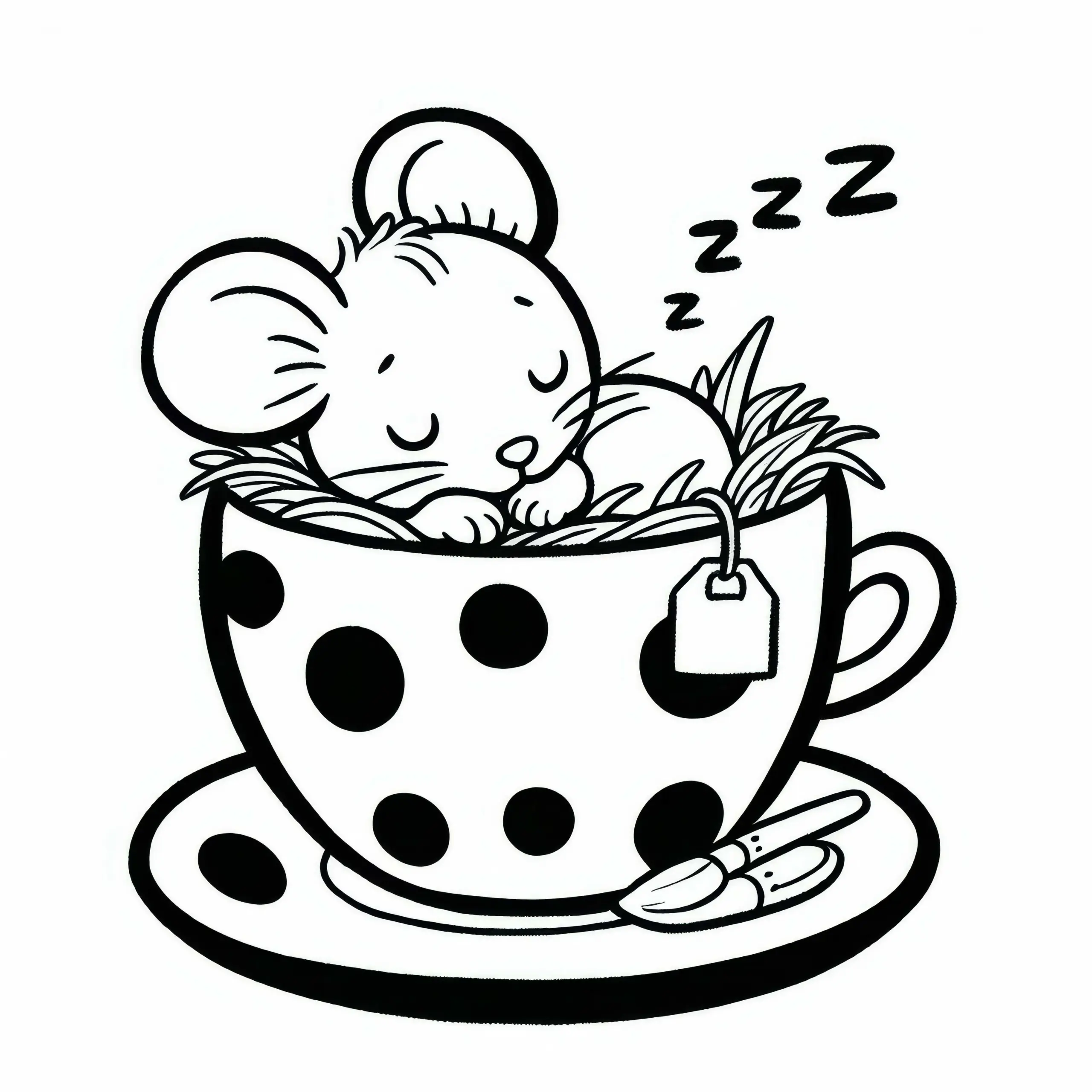 Maus schläft in Teetasse – Ausmalbild kostenlos herunterladen