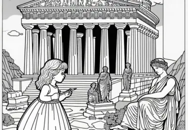 Mausoleum von Halikarnassos: Mädchen betrachtet Statue – Ausmalbild Weltwunder kostenlos