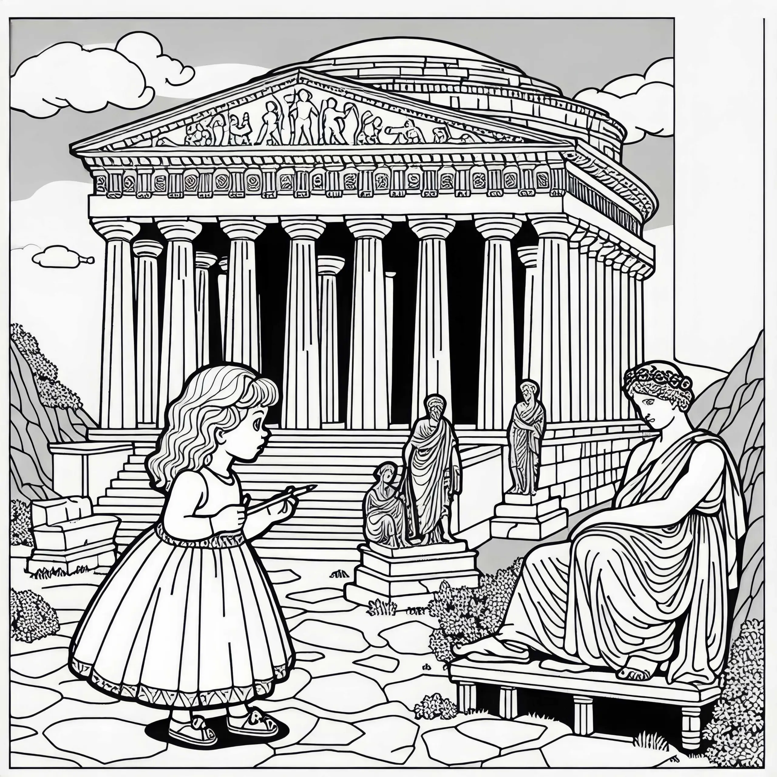 Mausoleum von Halikarnassos: Mädchen betrachtet Statue – Ausmalbild Weltwunder kostenlos