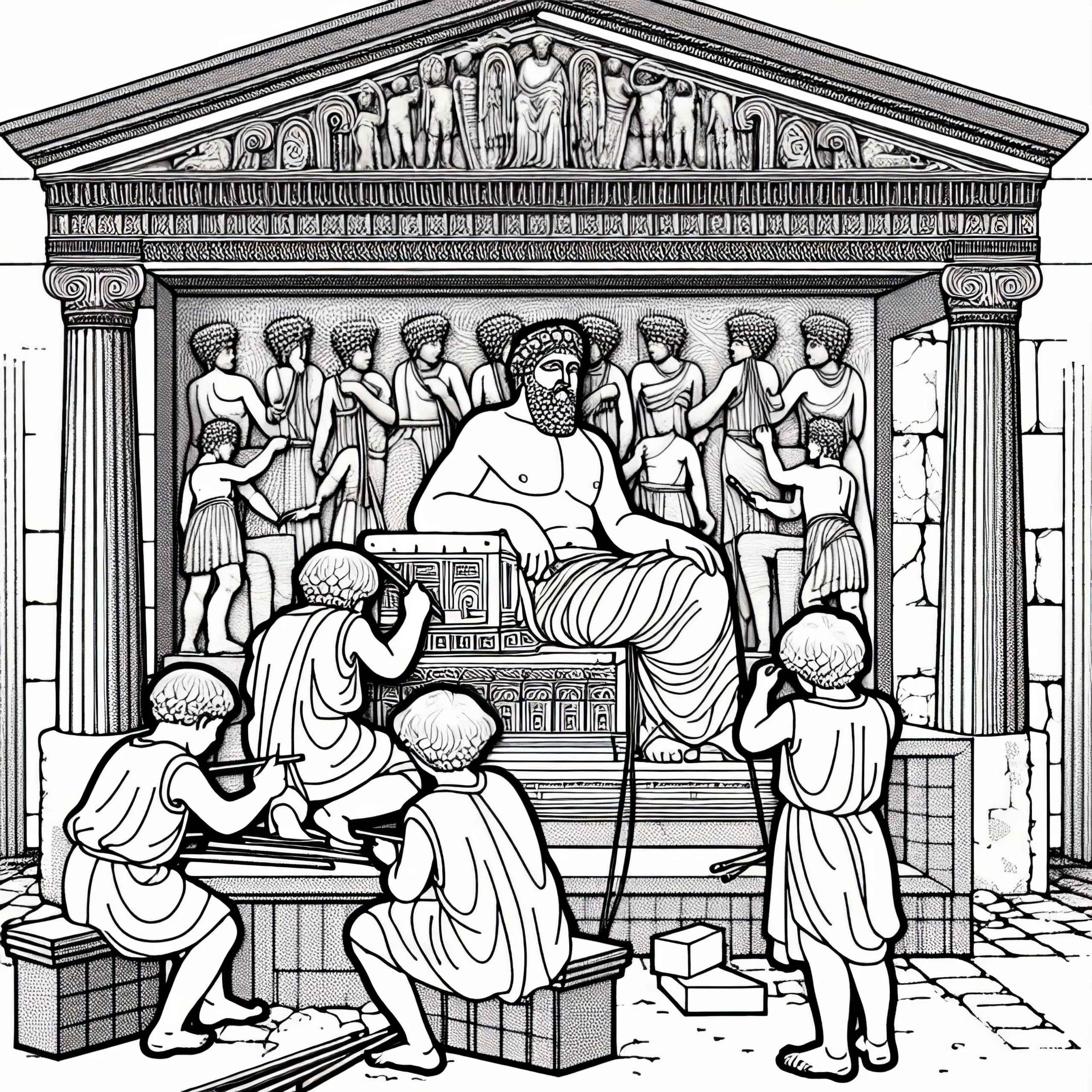 Mausoleum von Halikarnassos – Steinmetze bei der Arbeit an kunstvollen Reliefs (Ausmalbild)