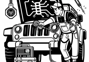 Mechaniker bei der Diagnose eines Motors – Kostenlose Malvorlage