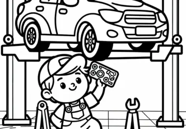 Mechaniker unter Auto auf Hebebühne – Malvorlage einfach kostenlos