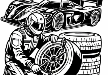 Mechaniker wechselt Reifen beim Motorsport – Ausmalbild gratis