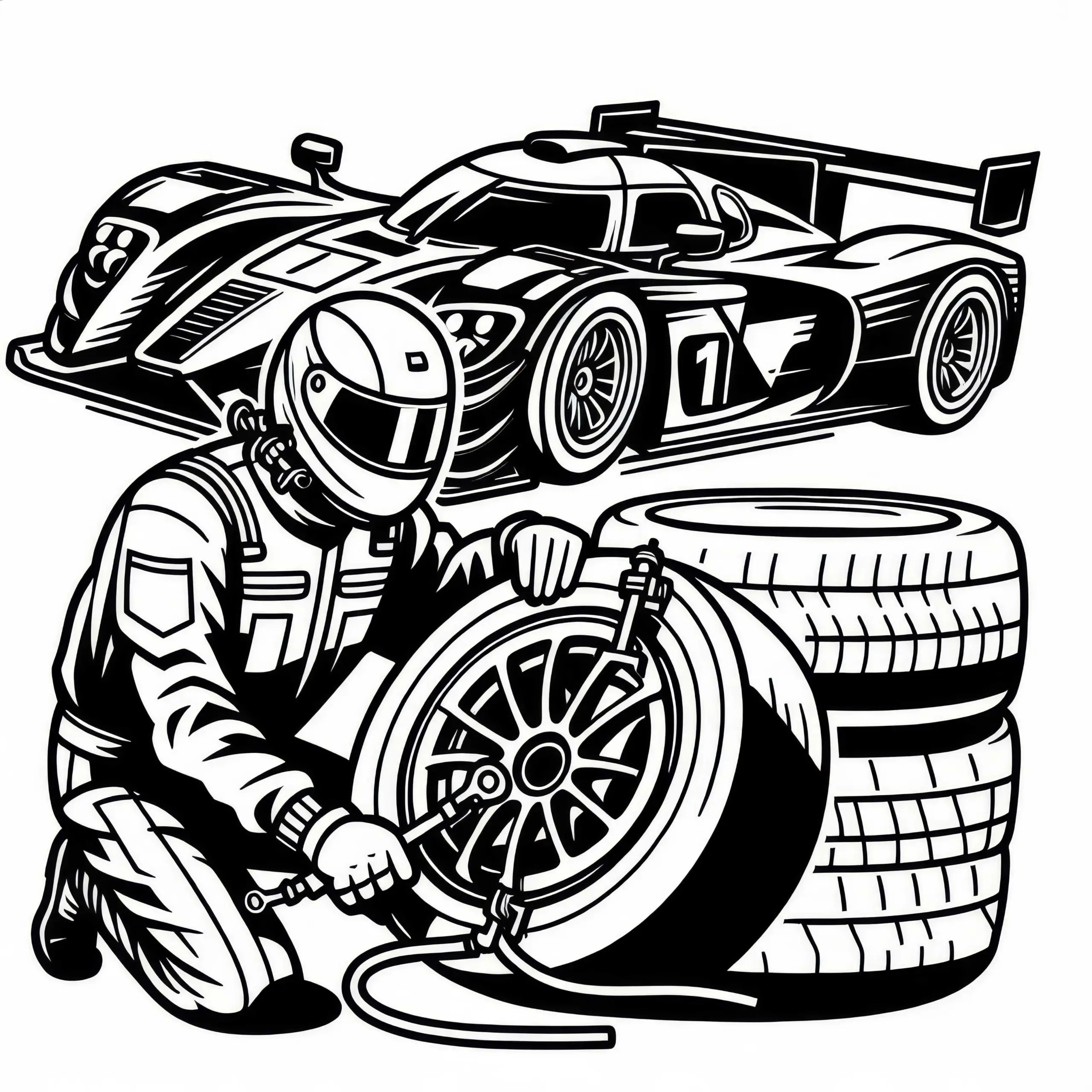 Mechaniker wechselt Reifen beim Motorsport – Ausmalbild gratis