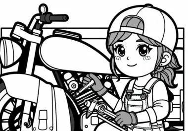 Mechanikerin bei der Reparatur eines Motorrads – Ausmalbild kostenlos