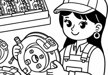 Mechanikerin beim Montieren von Bremsbelägen – Ausmalbild gratis