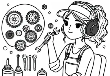 Mechanikerin in Werkstatt mit verschiedenen Autoteilen – Malvorlage kostenlos