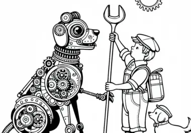 Mechanischer Hund bringt Kind Schraubenschlüssel – Ausmalbild Steampunk Kostenlos