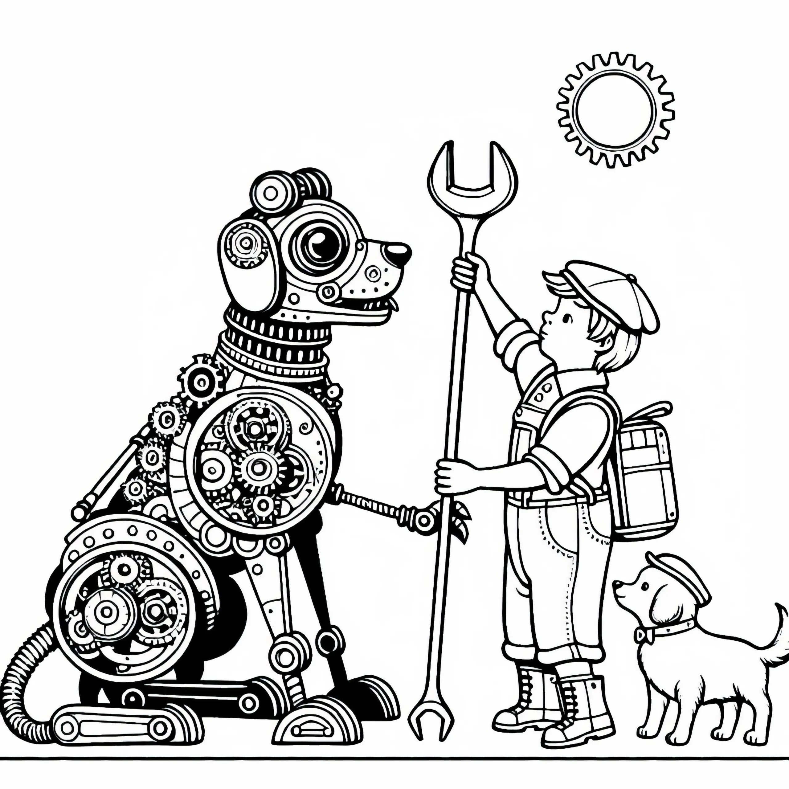 Mechanischer Hund bringt Kind Schraubenschlüssel – Ausmalbild Steampunk Kostenlos