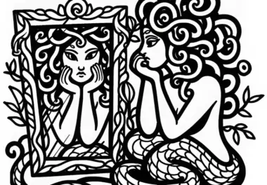 Medusa betrachtet sich selbst in einem zerbrochenen Spiegel – Malspaß für unterwegs