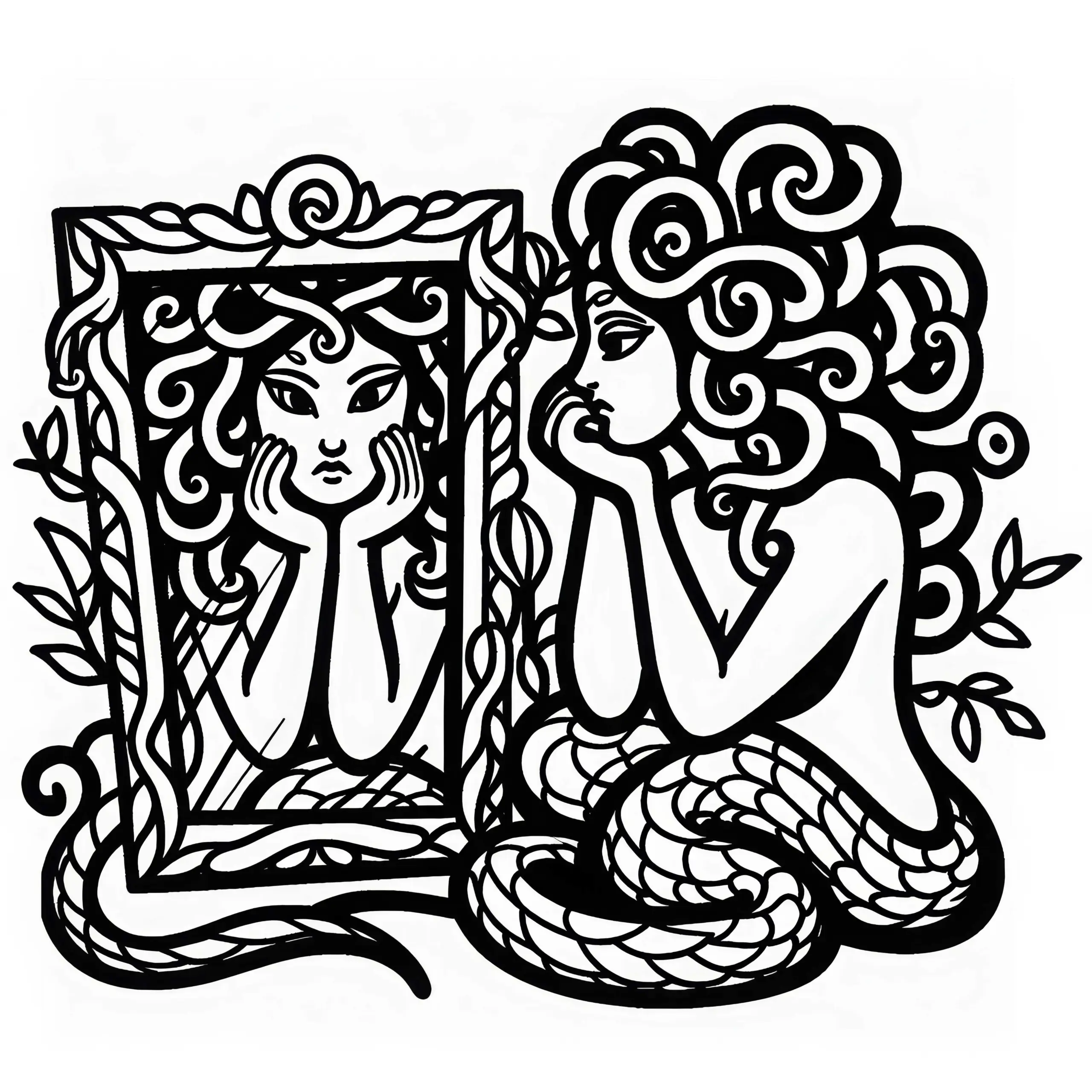 Medusa betrachtet sich selbst in einem zerbrochenen Spiegel – Malspaß für unterwegs (Ausmalbild)
