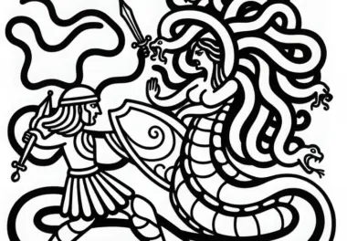 Medusa kämpft mit ihrem Schlangenhaar gegen Helden – Ausmalbild kostenlos