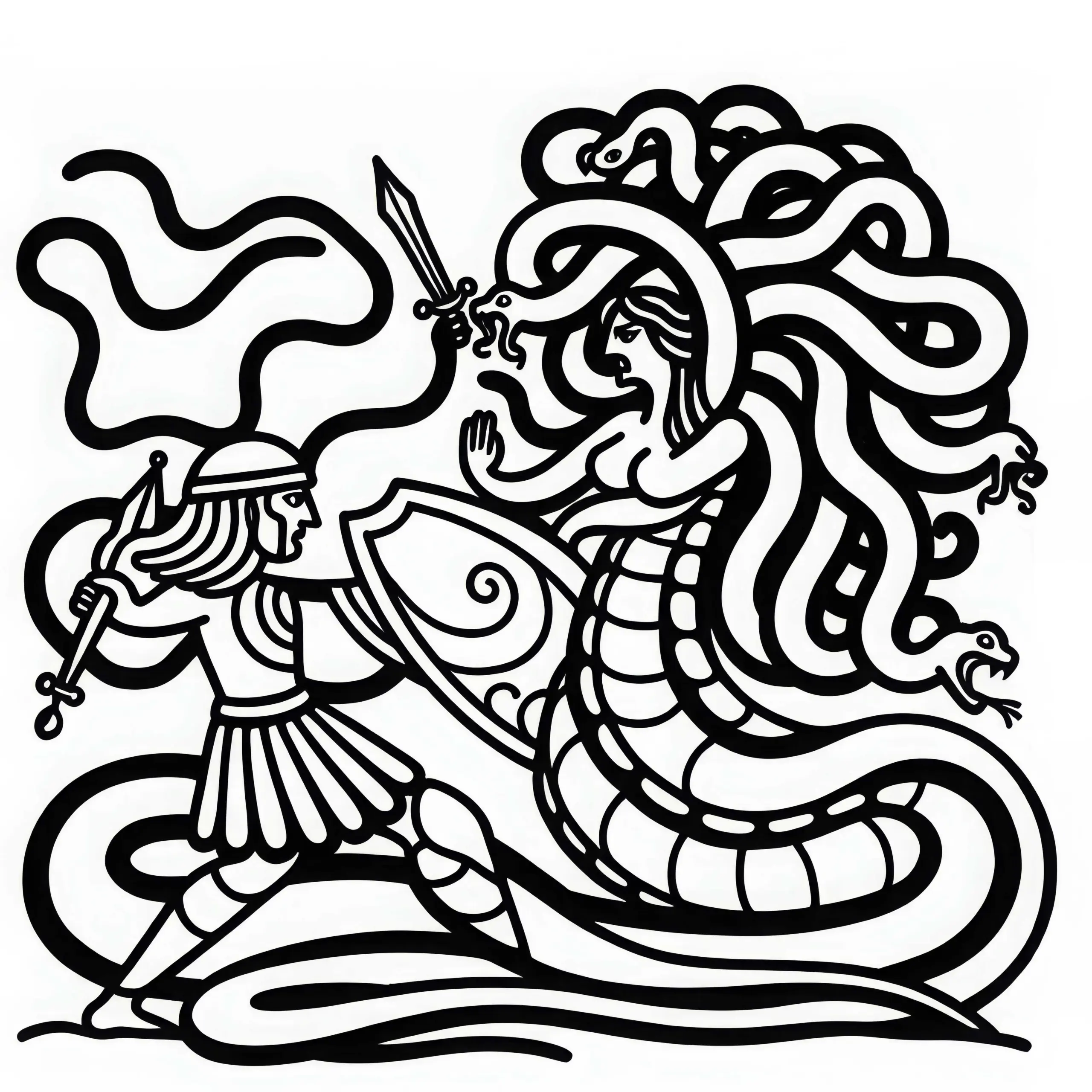 Medusa kämpft mit ihrem Schlangenhaar gegen Helden – Ausmalbild kostenlos