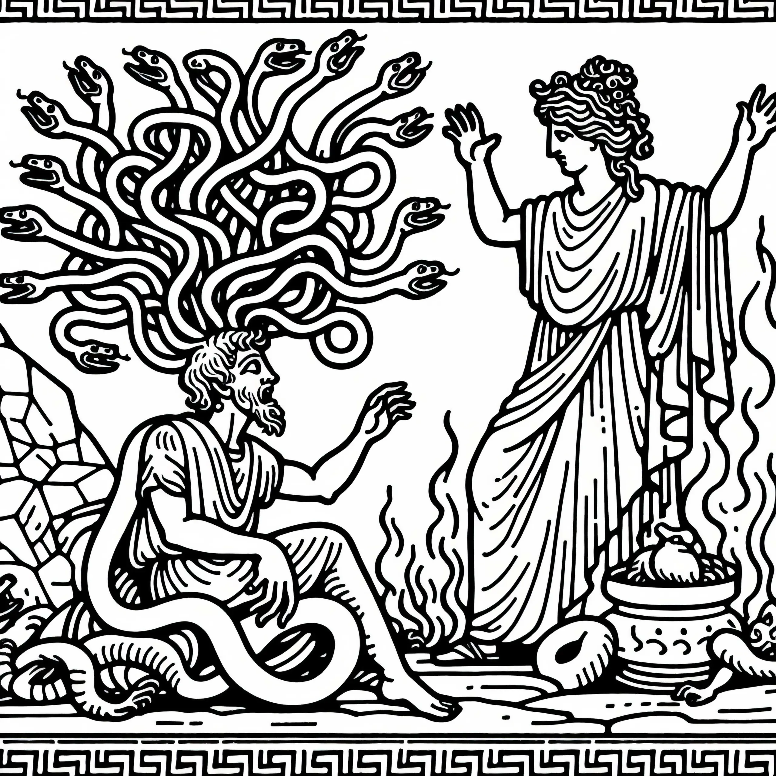 Medusa mit Schlangenhaaren und einem versteinerten Opfer – Malvorlage zur griechischen Mythologie (Ausmalbild)
