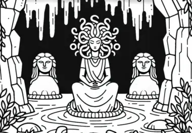 Medusa sitzt in Höhle, umgeben von steinernen Statuen – Ausmalbild kostenlos