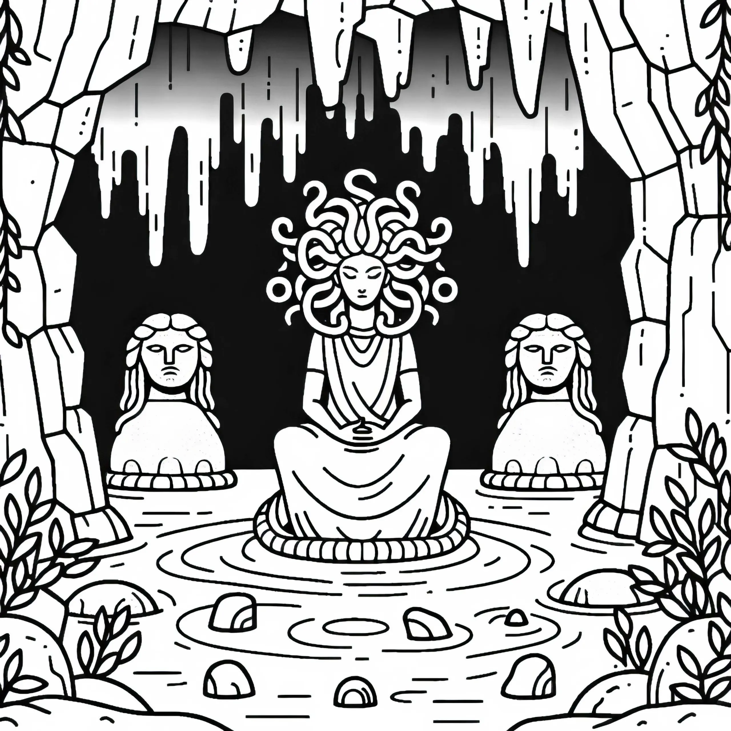 Medusa sitzt in Höhle, umgeben von steinernen Statuen – Ausmalbild kostenlos