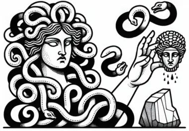 Medusa verwandelt Eindringling mit ihrem Blick in Stein – Ausmalbild kostenlos