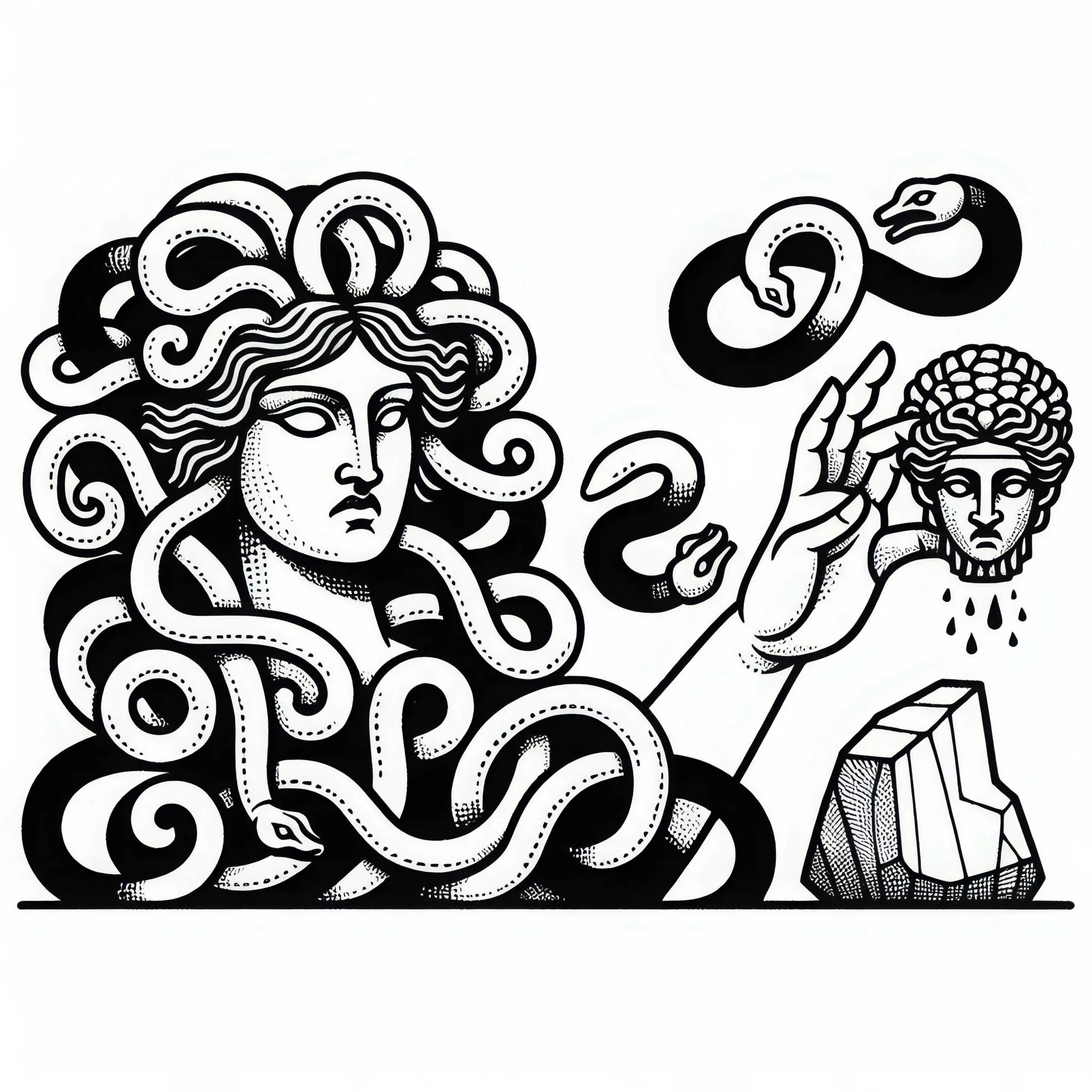 Medusa verwandelt Eindringling mit ihrem Blick in Stein – Ausmalbild kostenlos