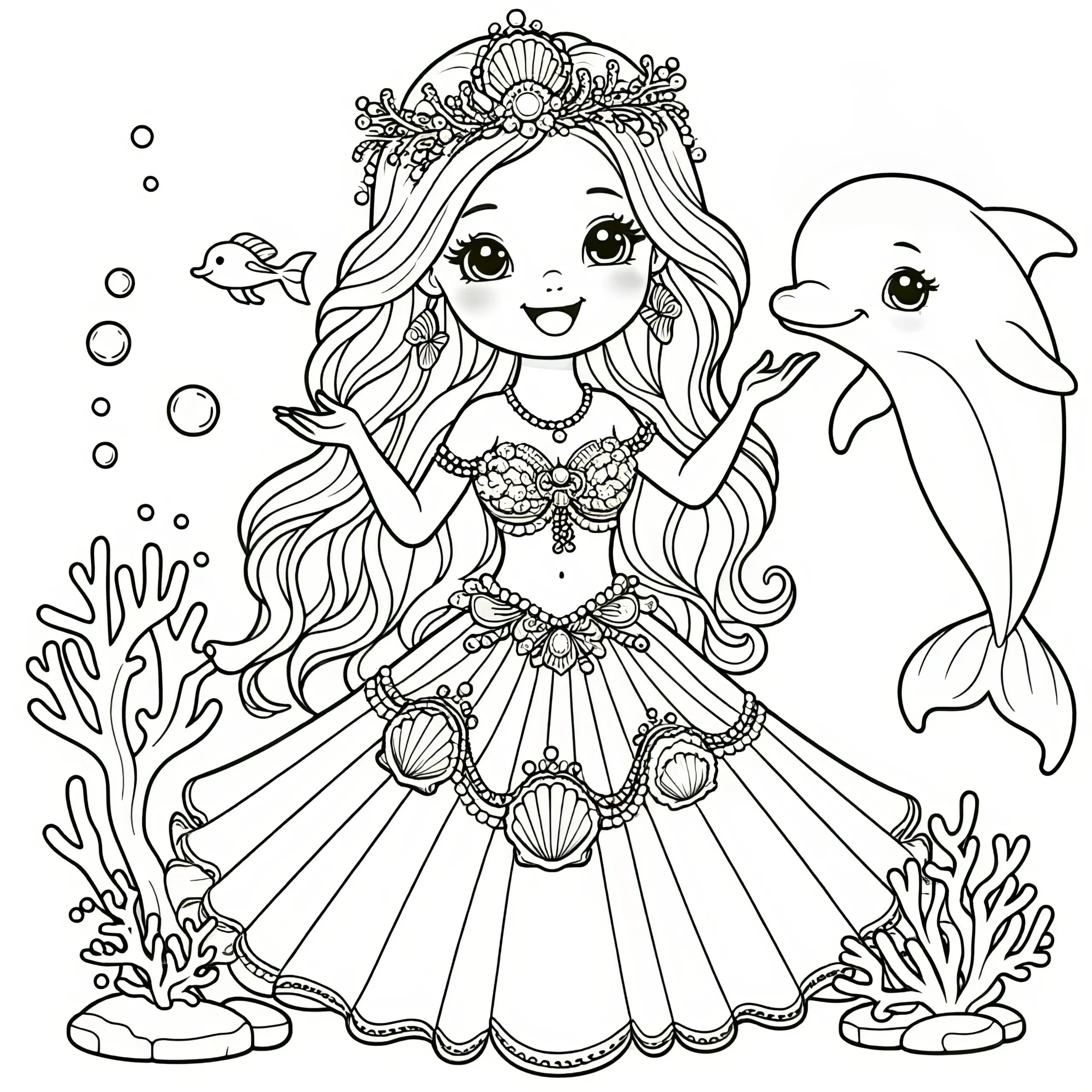 Meer-Prinzessin im Muschelkleid mit süßem Delfin – Ausmalbild gratis