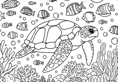 Meeresschildkröte schwimmt zwischen Fischen und Korallen – Malvorlage gratis