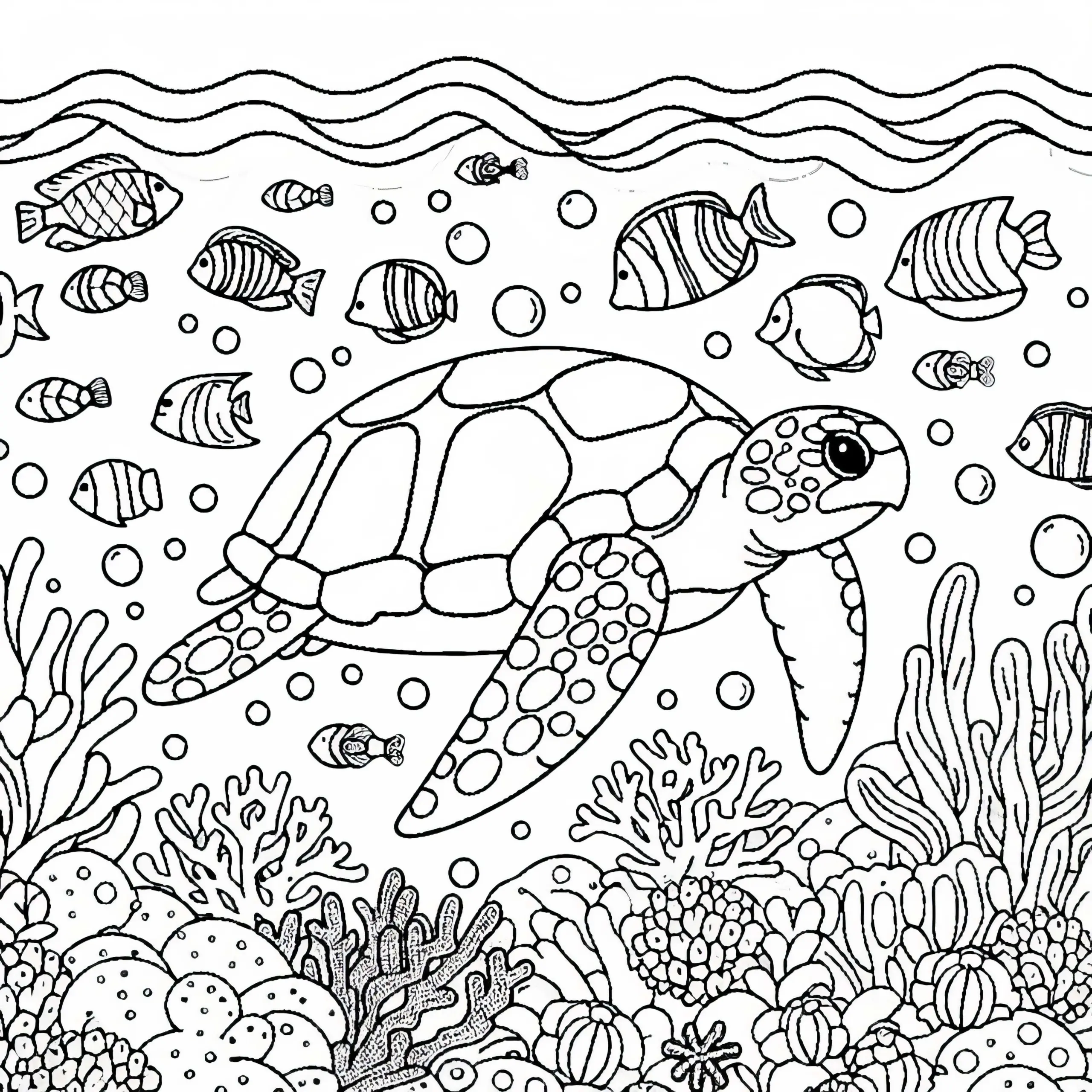 Meeresschildkröte schwimmt zwischen Fischen und Korallen – Malvorlage gratis (Ausmalbild)