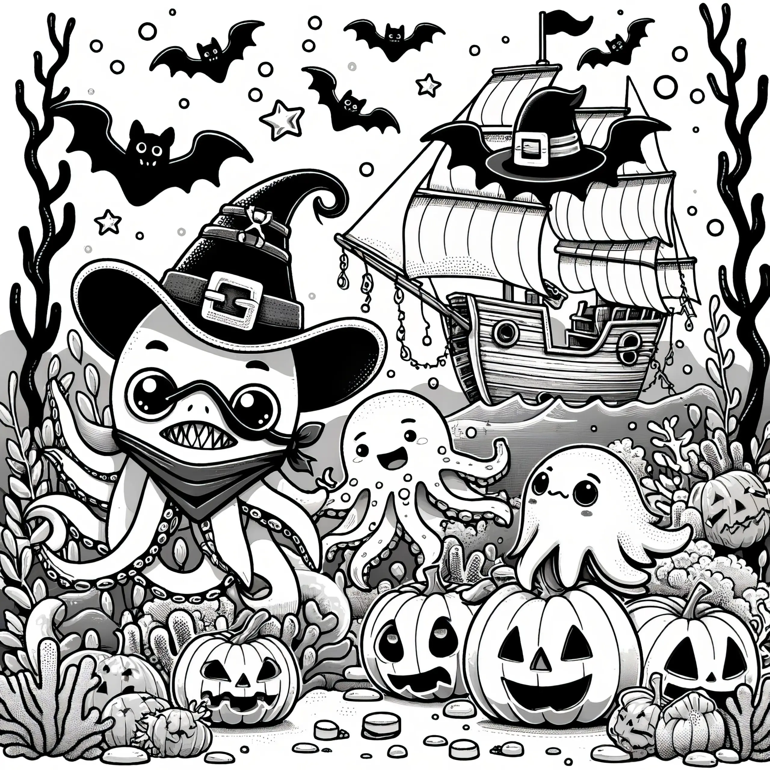 Meerestiere feiern Halloween-Party: Malvorlage zum Download (Gratis) (Ausmalbild)