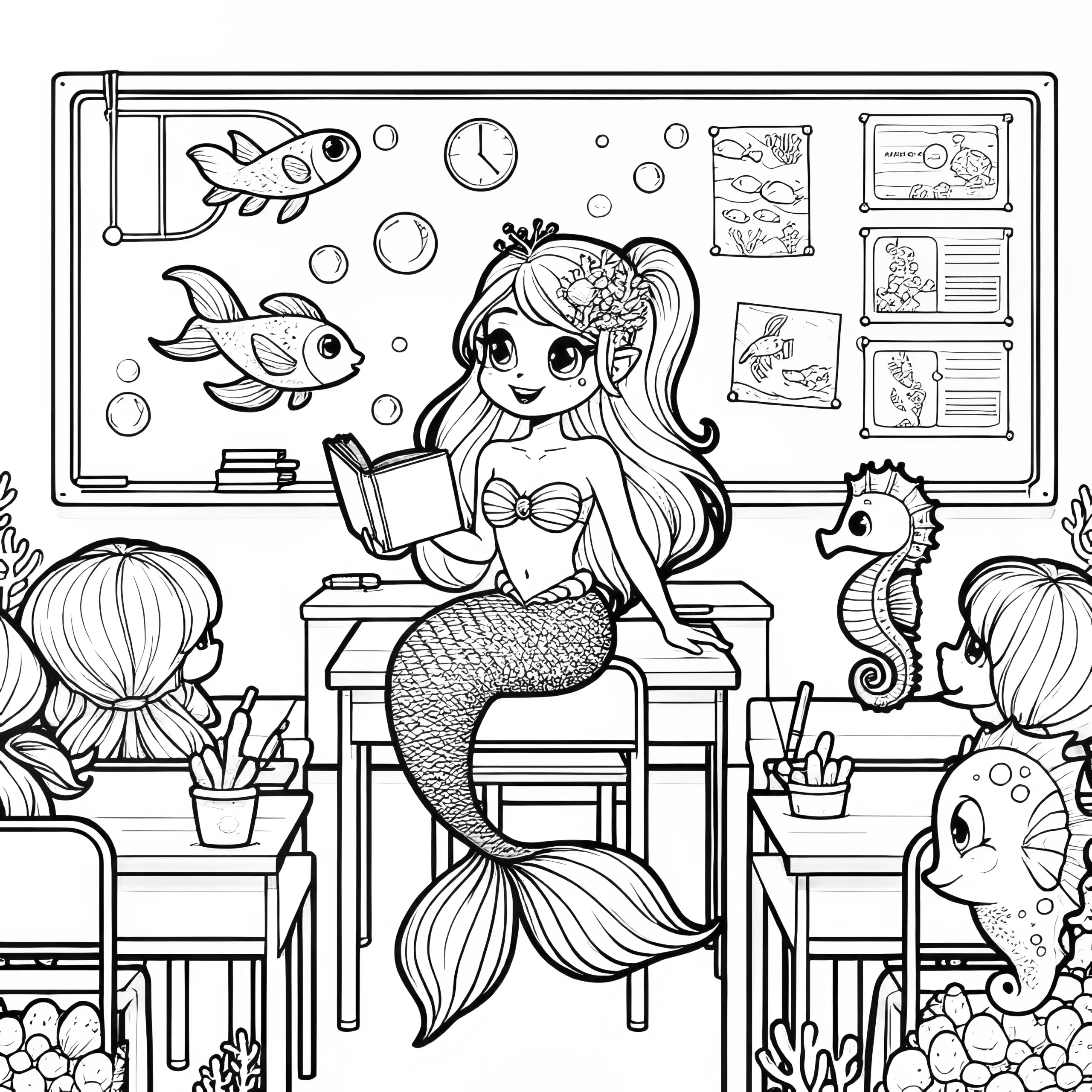 Meerjungfrau als Lehrerin in der Grundschule (Ausmalbild)