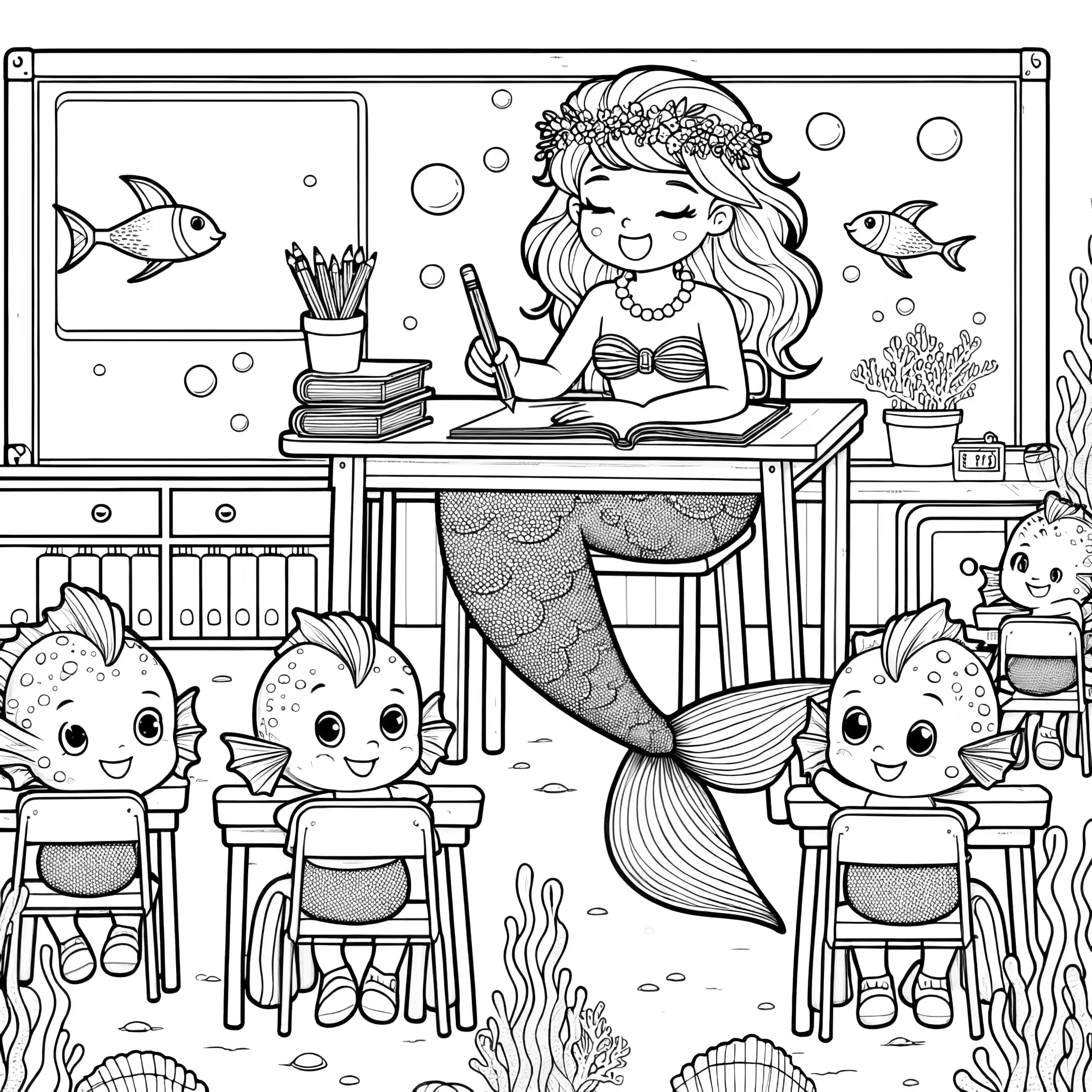 Meerjungfrau besucht Schule – Malvorlage kostenlos (Ausmalbild)