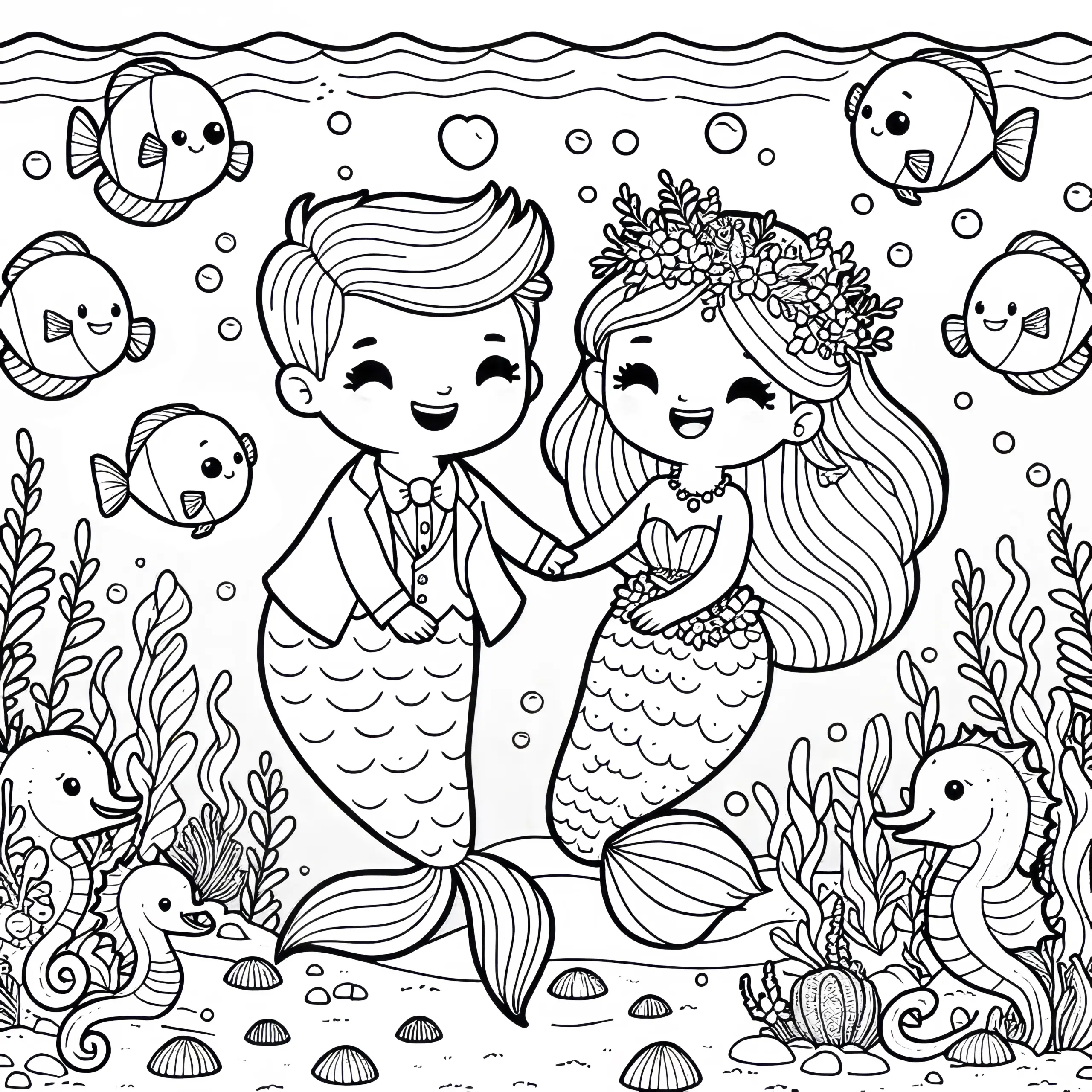Meerjungfrau mit Freund und Fischen unter Wasser: Malvorlage zum kostenlosen Download (Ausmalbild)