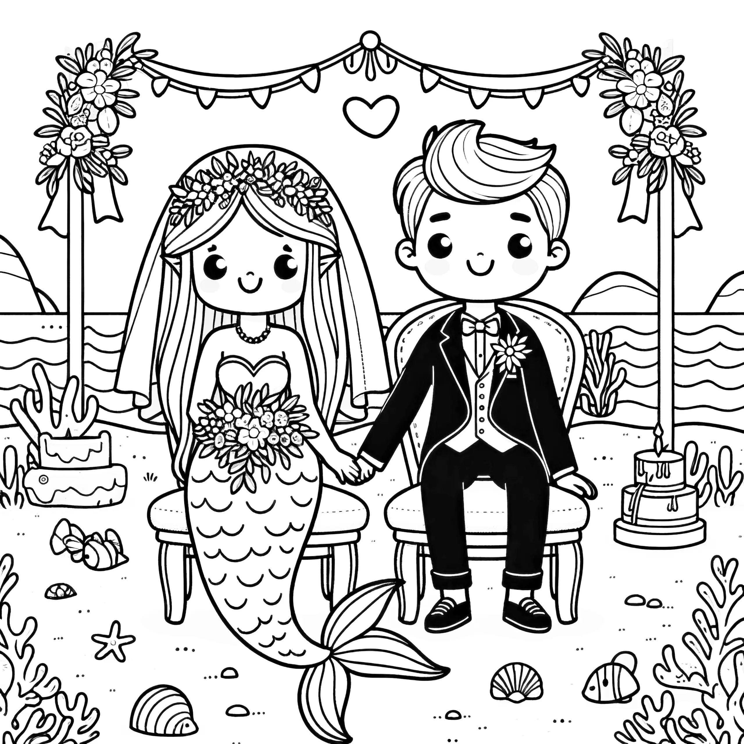 Meerjungfrau Hochzeit am Strand: Einfache Malvorlage (Gratis) (Ausmalbild)
