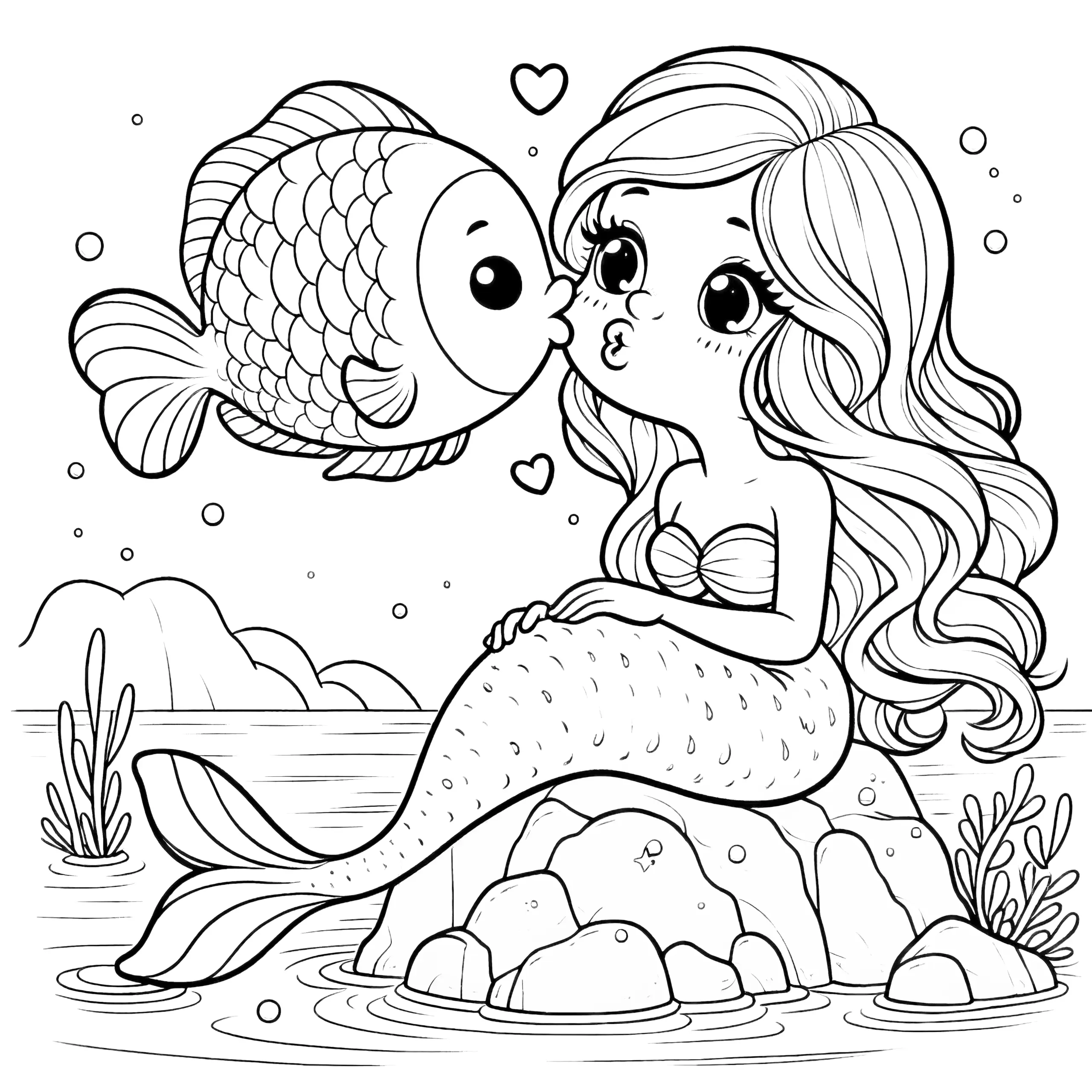 Meerjungfrau küsst Fisch: Niedliche Malvorlage (Gratis) (Ausmalbild)