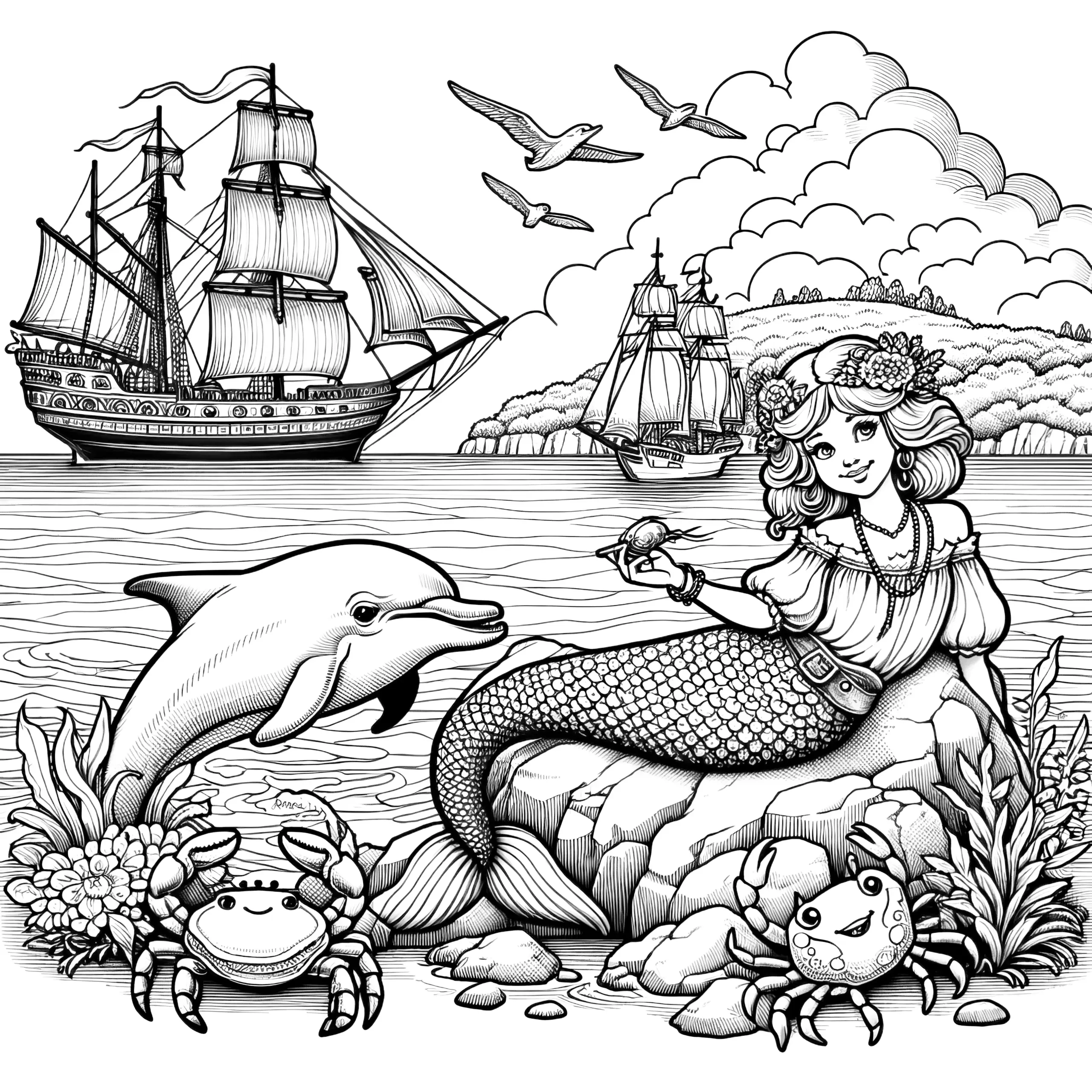 Meerjungfrau an Land mit Delfin und Segelschiff im Hintergrund: Ausmalbild für Erwachsene (Gratis)