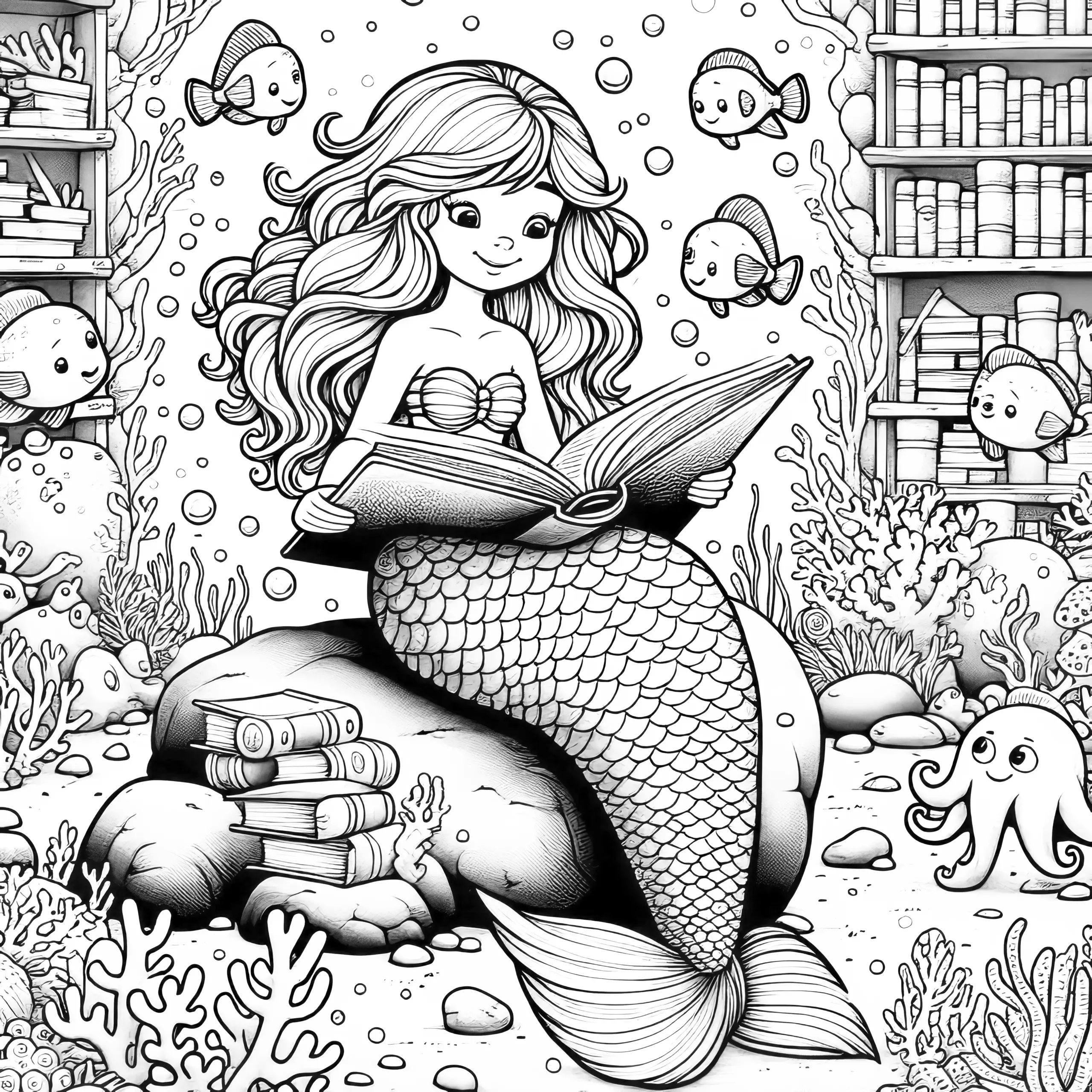 Meerjungfrau liest Fischfreunden aus Buch vor: Malvorlage (Kostenlos) (Ausmalbild)