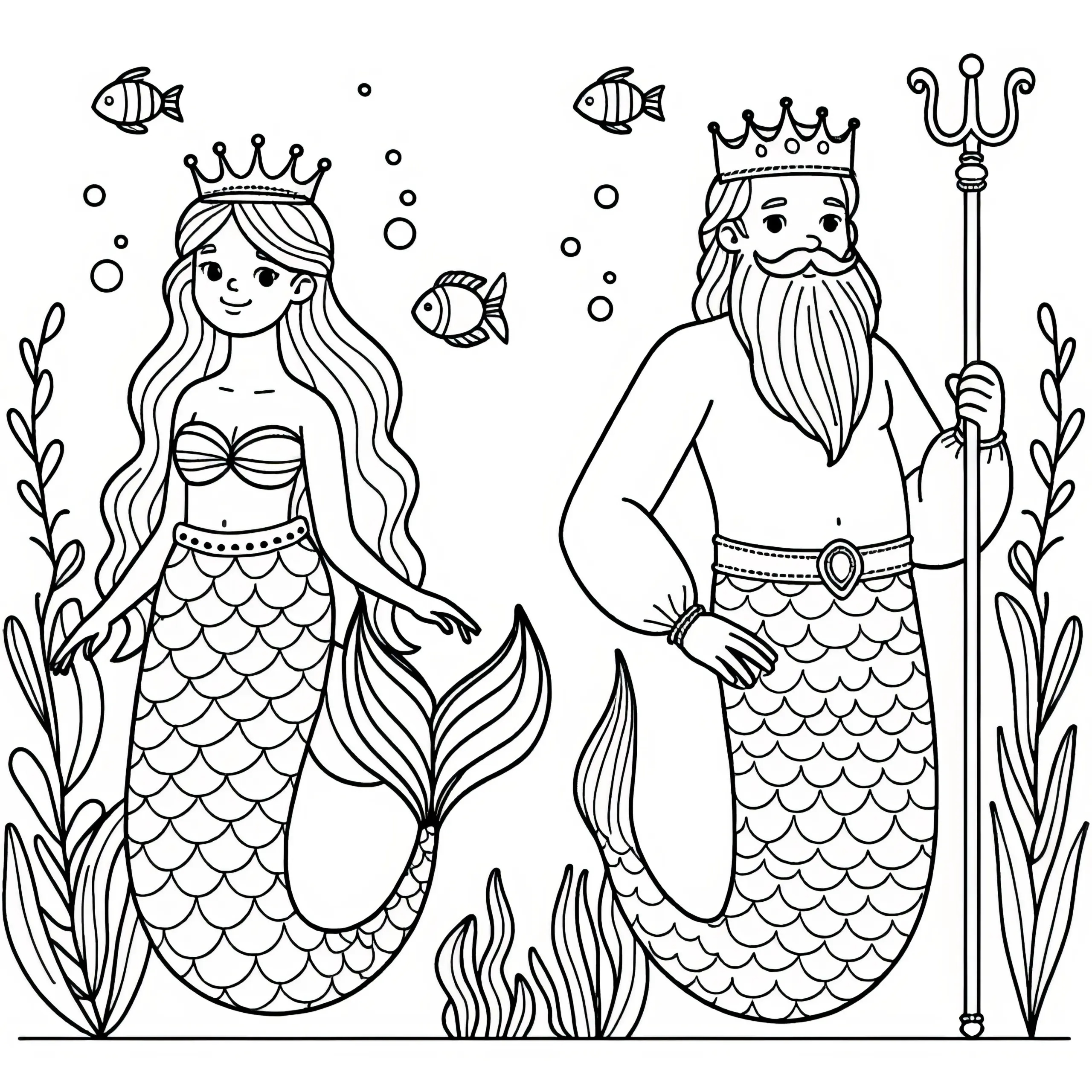 Meerjungfrau mit Poseidon – Gott des Meeres: Einfaches Ausmalbild (Gratis)