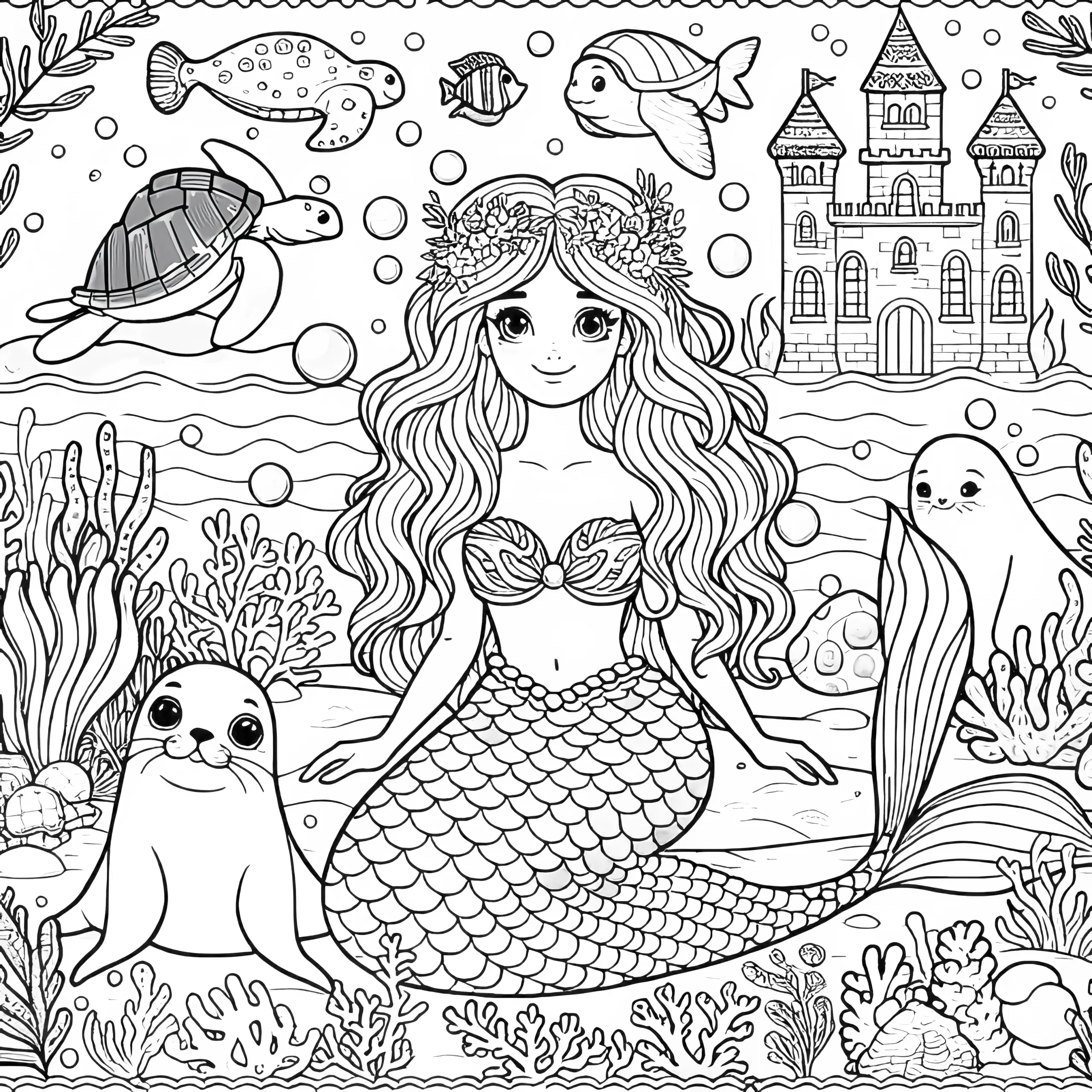 Meerjungfrau mit Robben am Strand und Schloss: Malvorlage zum Download (Gratis) (Ausmalbild)