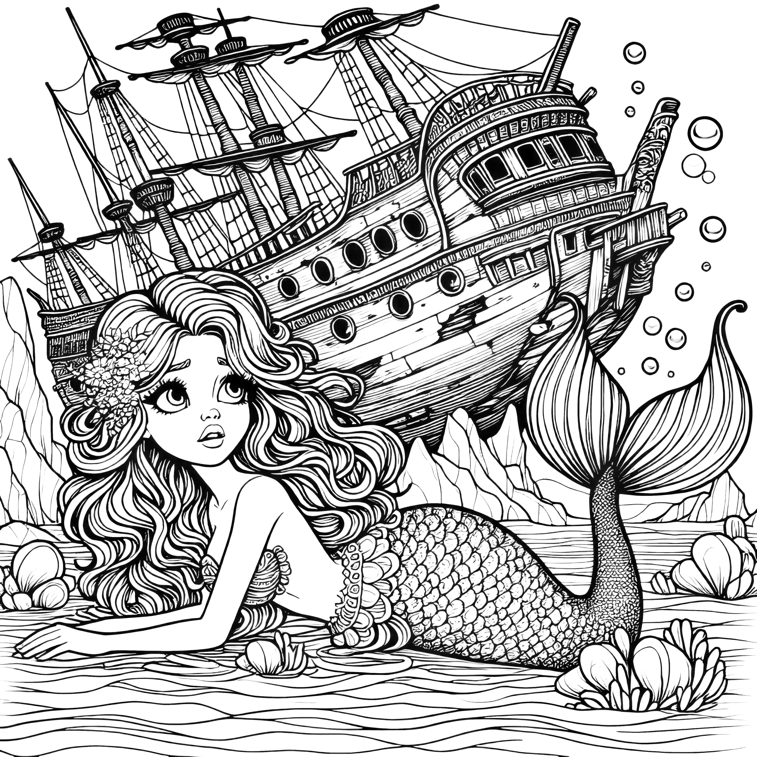 Meerjungfrau und Schiffswrack auf Meeresboden: Ausmalbild kostenlos herunterladen