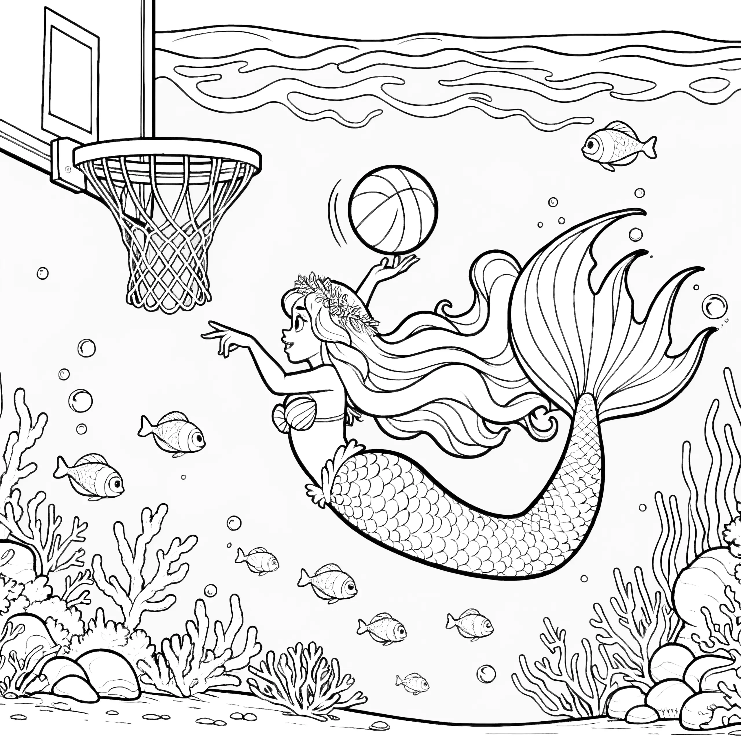 Meerjungfrau spielt Basketball: Bild zum Ausmalen (Kostenlos) (Ausmalbild)