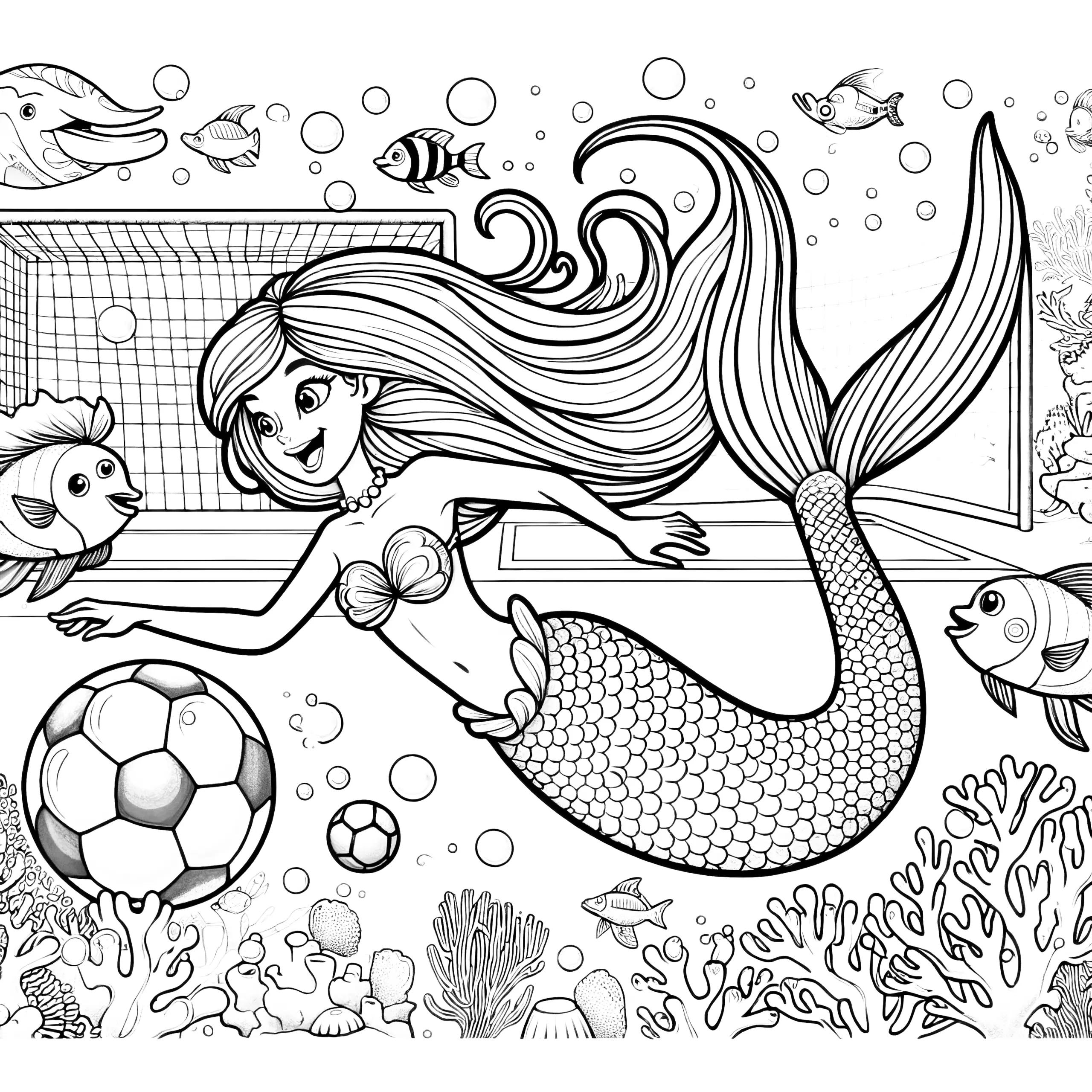 Meerjungfrau spielt Fußball: Kostenlose Malvorlage (Ausmalbild)