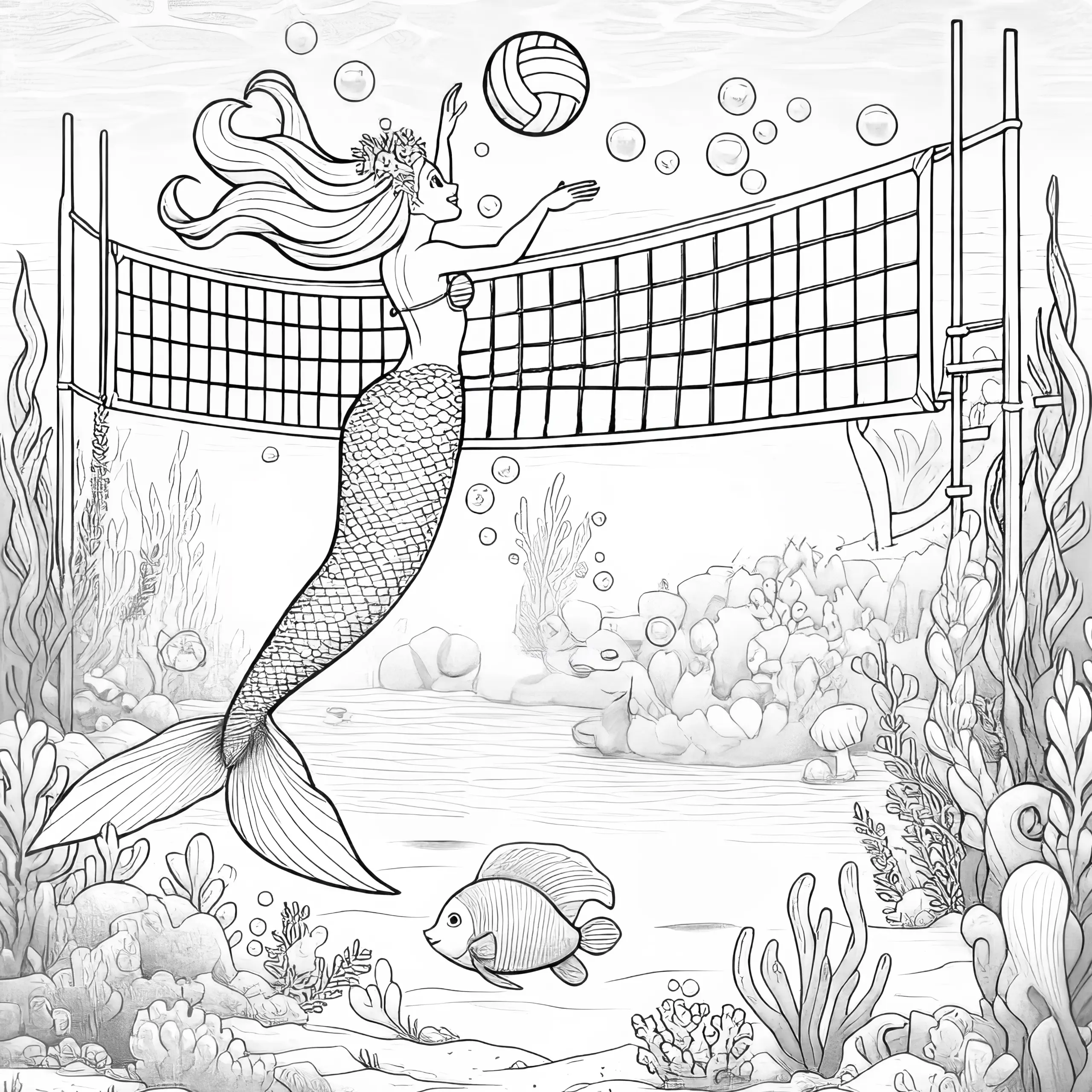 Meerjungfrau spielt Volleyball: Ausmalbild zum Download (Gratis)