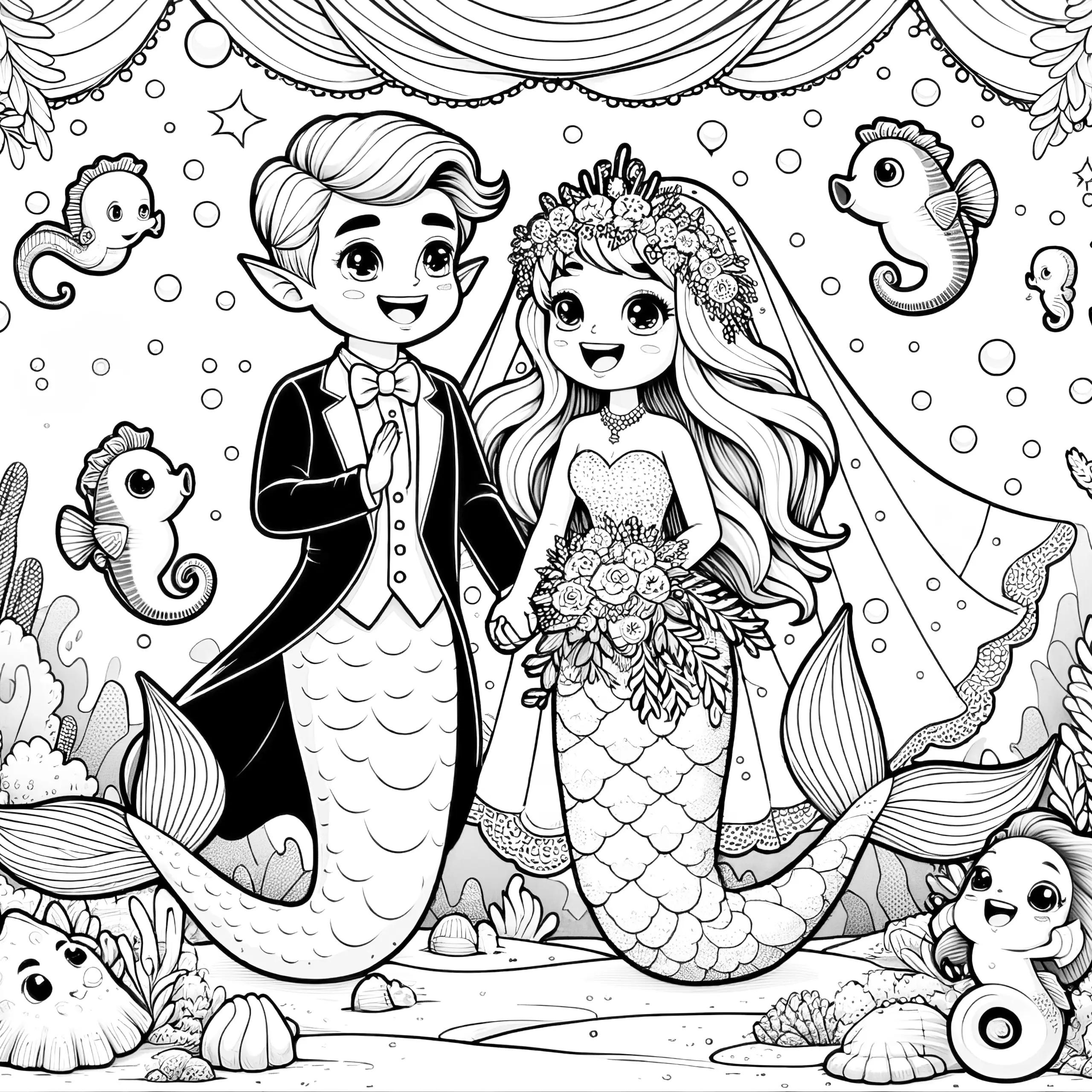 Meerjungfrau bei einer Unterwasserhochzeit: Malvorlage zum Herunterladen (Kostenlos) (Ausmalbild)