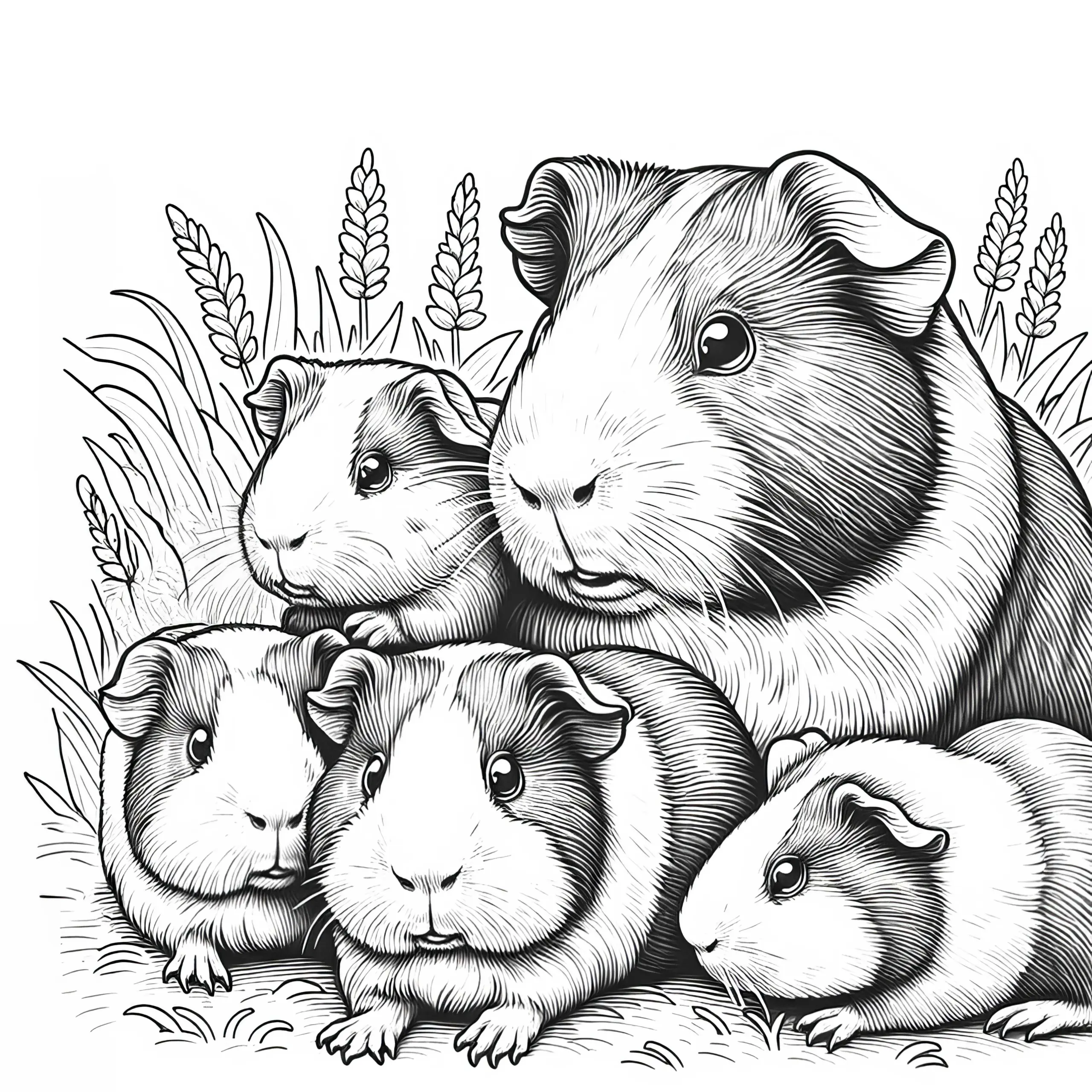 Meerschweinchen Familie auf der Wiese: Ausmalbild zum Herunterladen (Kostenlos)