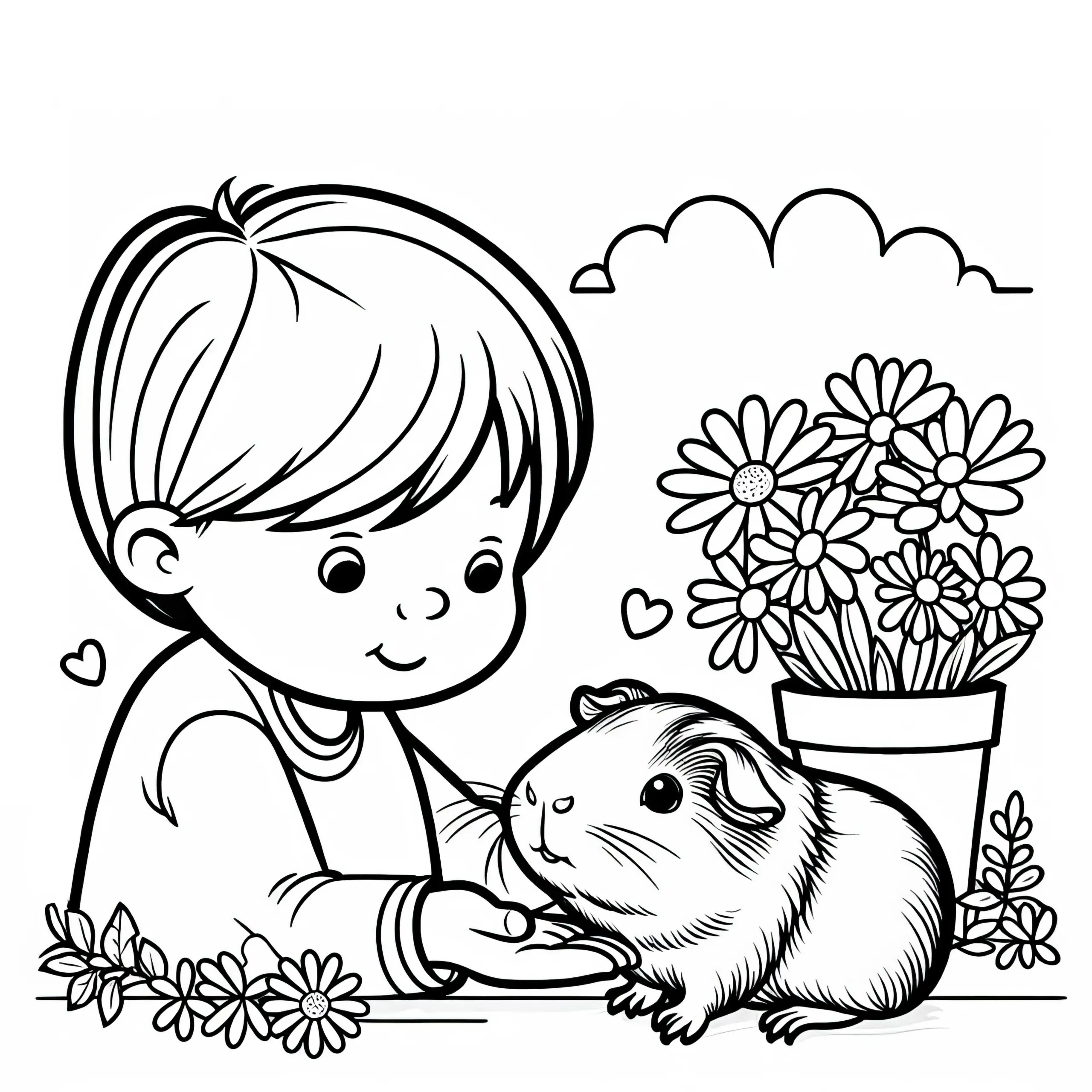 Meerschweinchen mit einem Kind: Ausmalbild zum Download (Gratis)