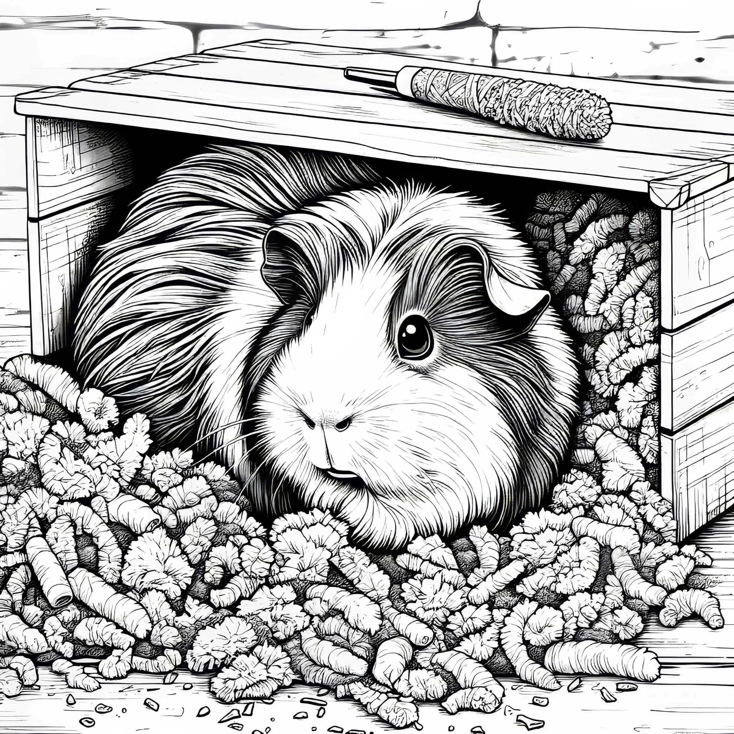 Meerschweinchen in Kiste: Malvorlage zum Download (Gratis) (Ausmalbild)