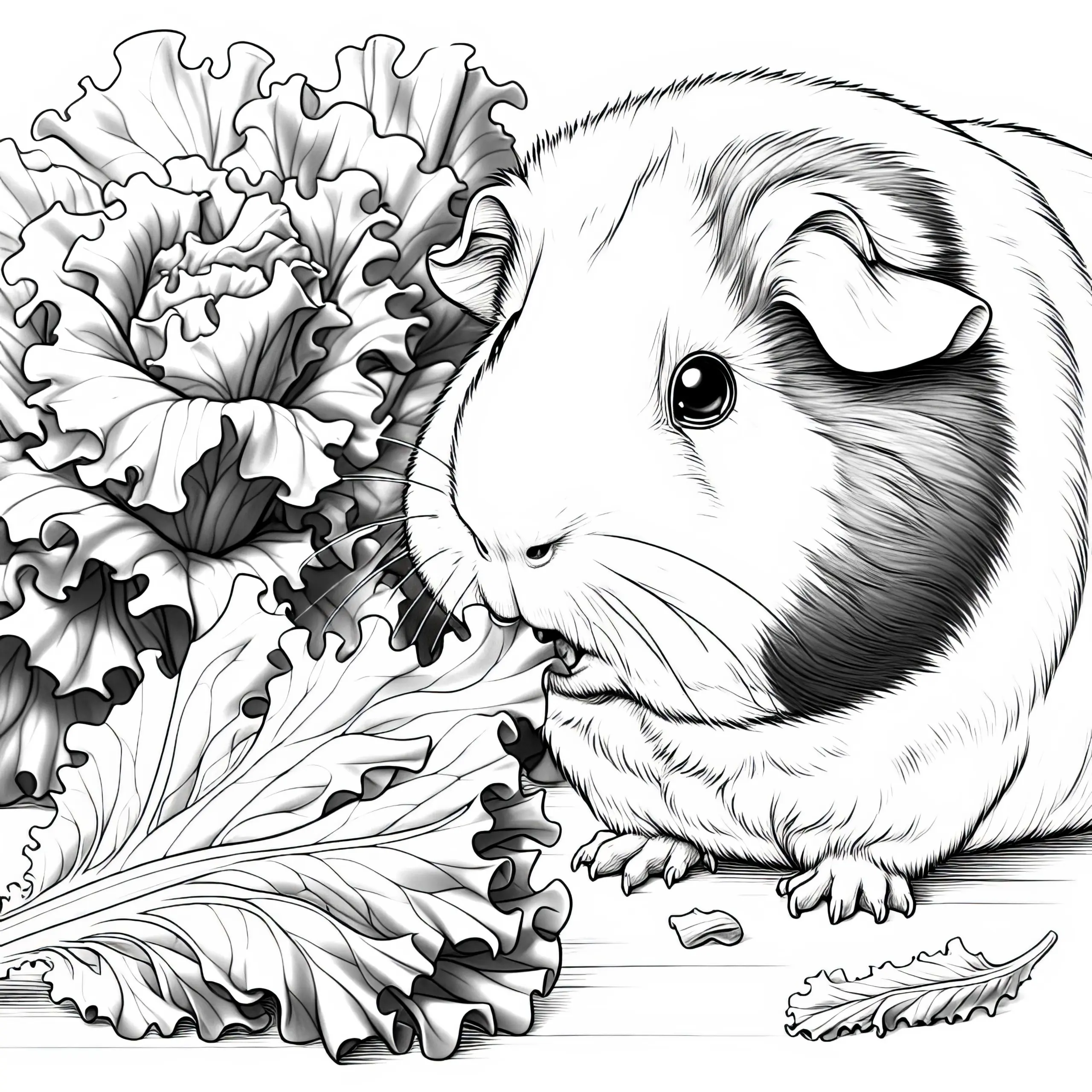 Meerschweinchen knabbert an Salatblatt: Detailreiche Malvorlage (Kostenlos) (Ausmalbild)