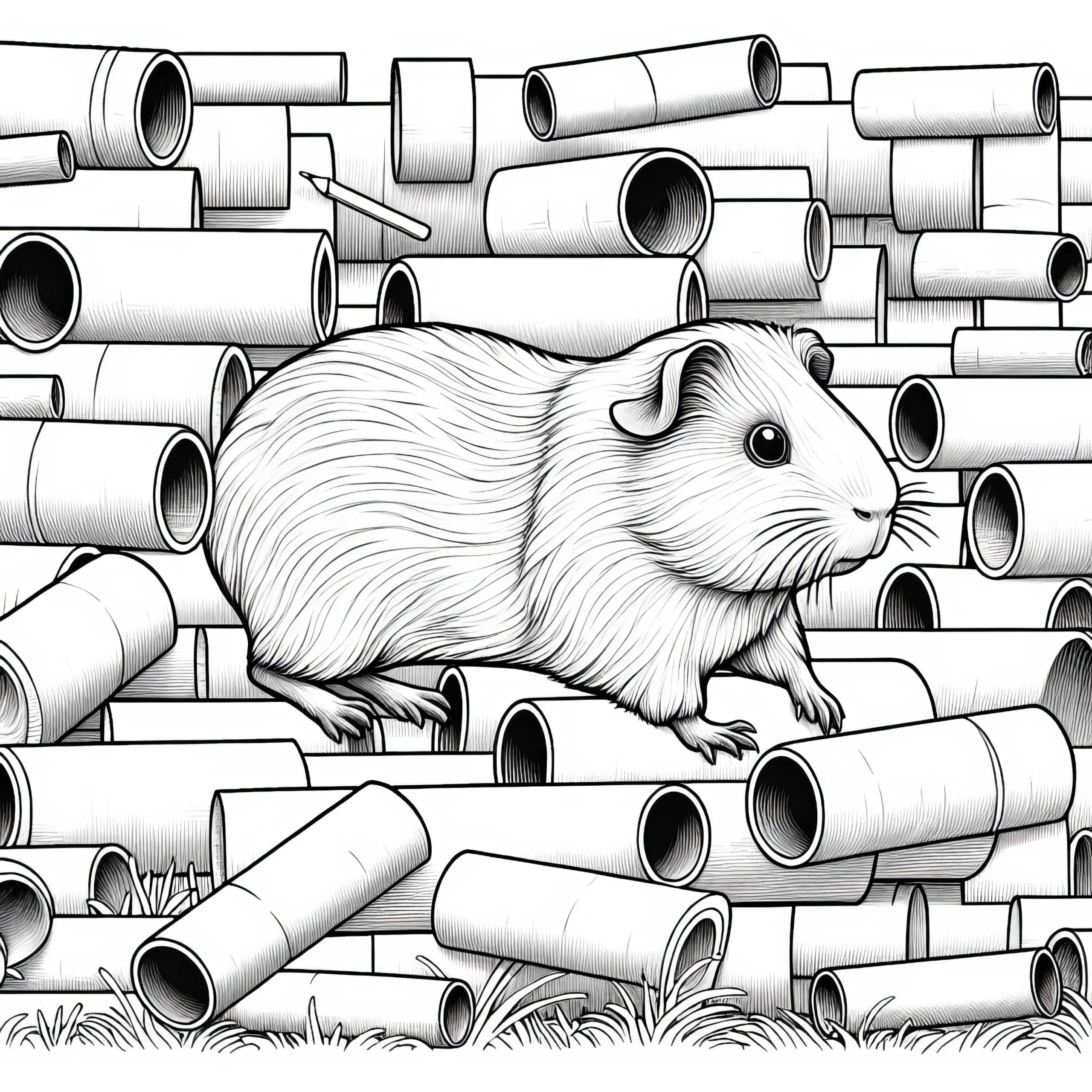 Meerschweinchen im Labyrinth aus Papprollen: Malvorlage zum Herunterladen (Kostenlos) (Ausmalbild)